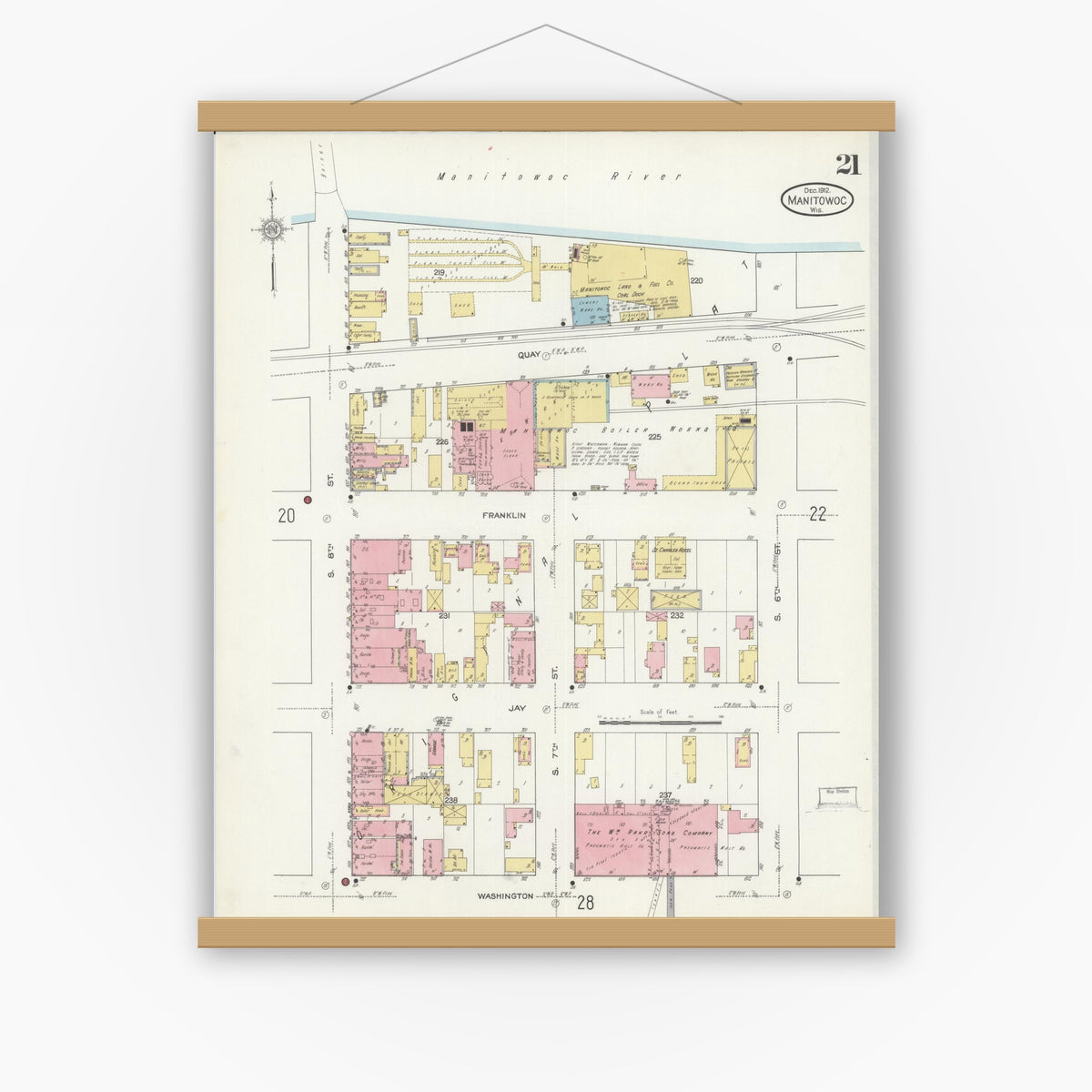 Old map wall art mockup — magnetic wood frame on white wall — Sanborn Fire Insurance Map from Manitowoc, Manitowoc County, Wisconsin (1912), Sheet #0021