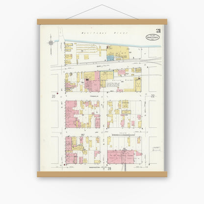 Old map wall art mockup — magnetic wood frame on white wall — Sanborn Fire Insurance Map from Manitowoc, Manitowoc County, Wisconsin (1912), Sheet #0021