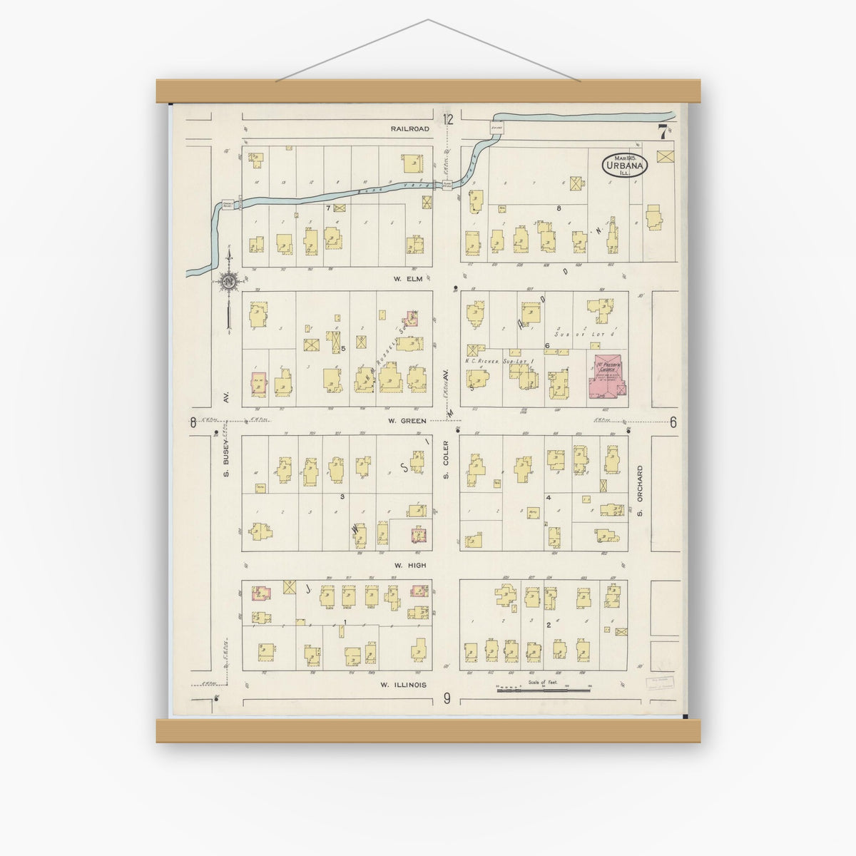 Old map wall art mockup — magnetic wood frame on white wall — Sanborn Fire Insurance Map from Urbana, Champaign County, Illinois (1915), Sheet #0007