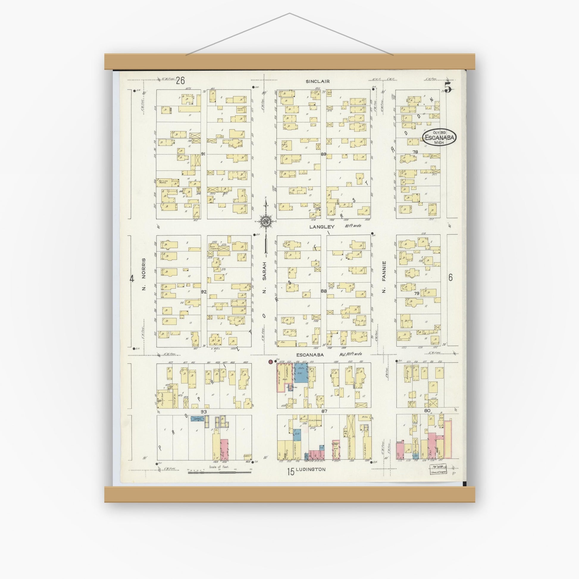 Old map wall art mockup — magnetic wood frame on white wall — Sanborn Fire Insurance Map from Escanaba, Delta County, Michigan (1913), Sheet #0005