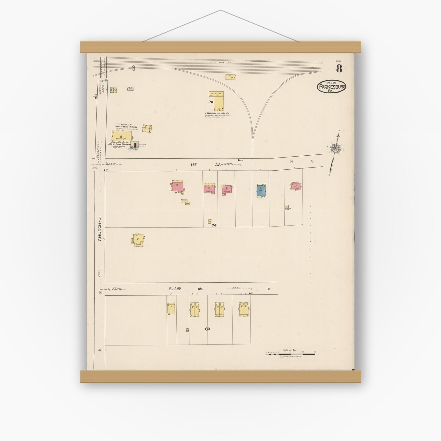Old map wall art mockup — magnetic wood frame on white wall — Sanborn Fire Insurance Map from Parkesburg, Chester County, Pennsylvania (1921), Sheet #0008