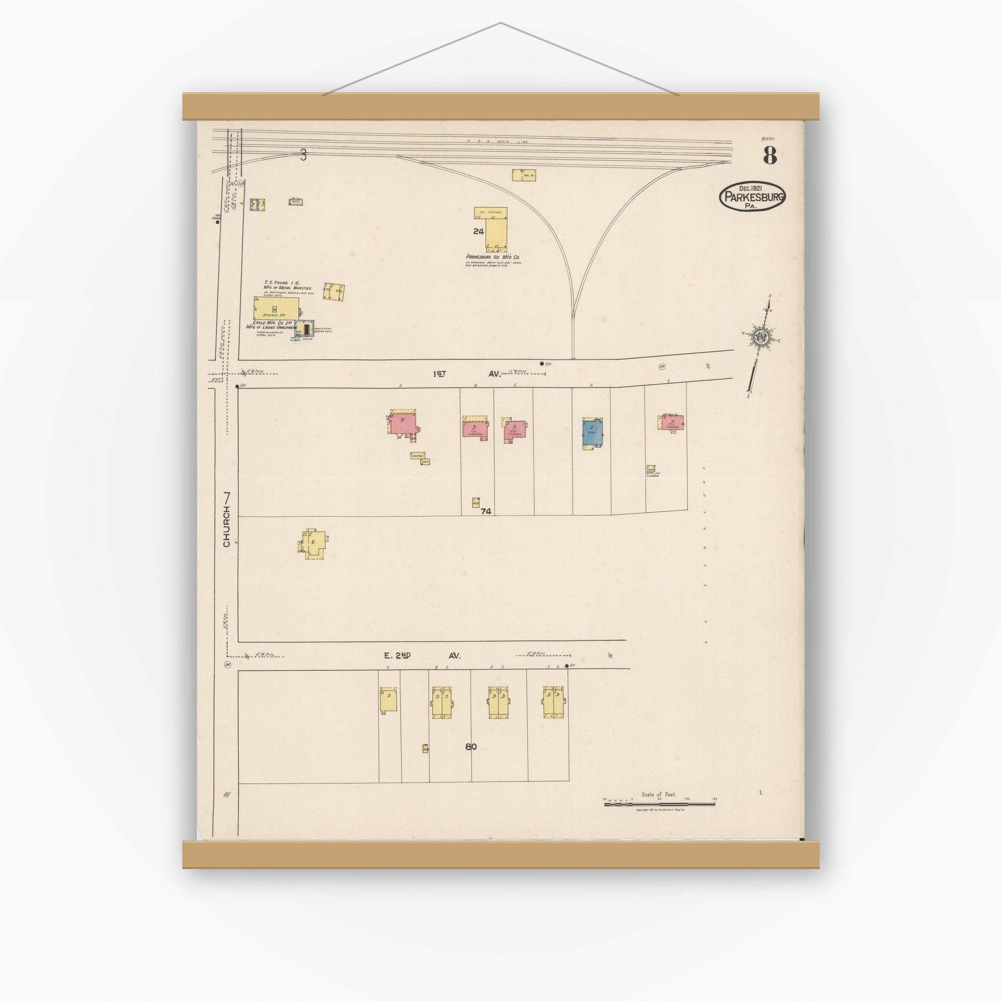 Old map wall art mockup — magnetic wood frame on white wall — Sanborn Fire Insurance Map from Parkesburg, Chester County, Pennsylvania (1921), Sheet #0008