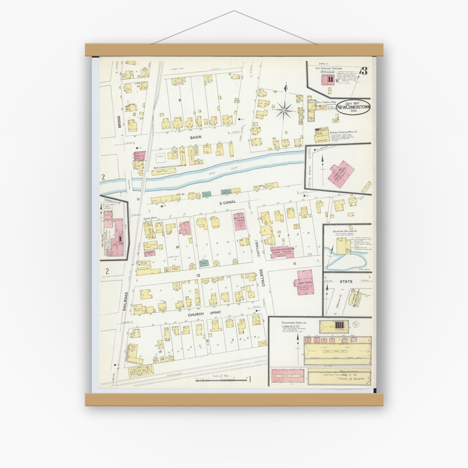 Old map wall art mockup — magnetic wood frame on white wall — Sanborn Fire Insurance Map from Newcomerstown, Tuscarawas County, Ohio (1907), Sheet #0003