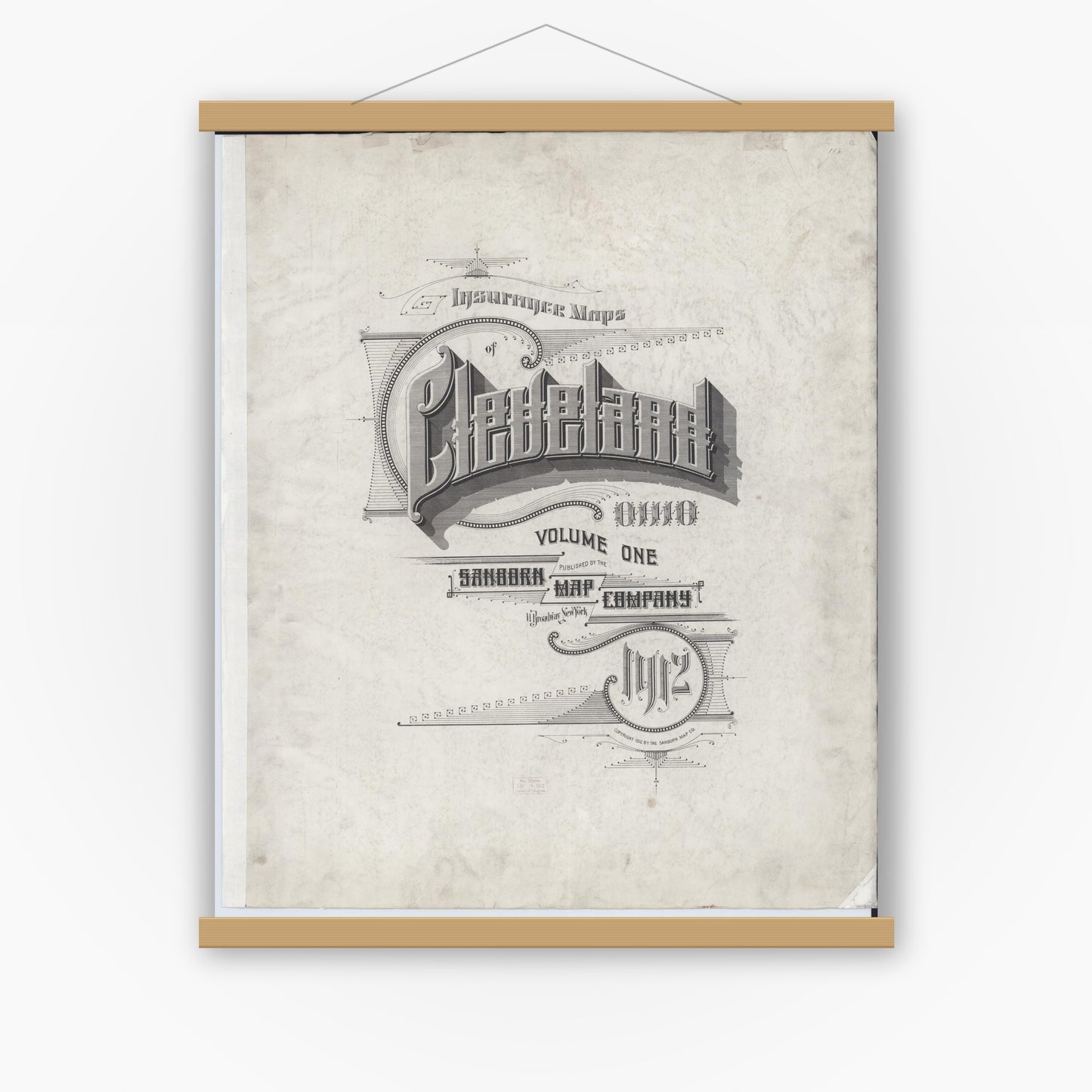 Old map wall art mockup — magnetic wood frame on white wall — Sanborn Fire Insurance Map from Cleveland, Cuyahoga County, Ohio (1912), Sheet #0001