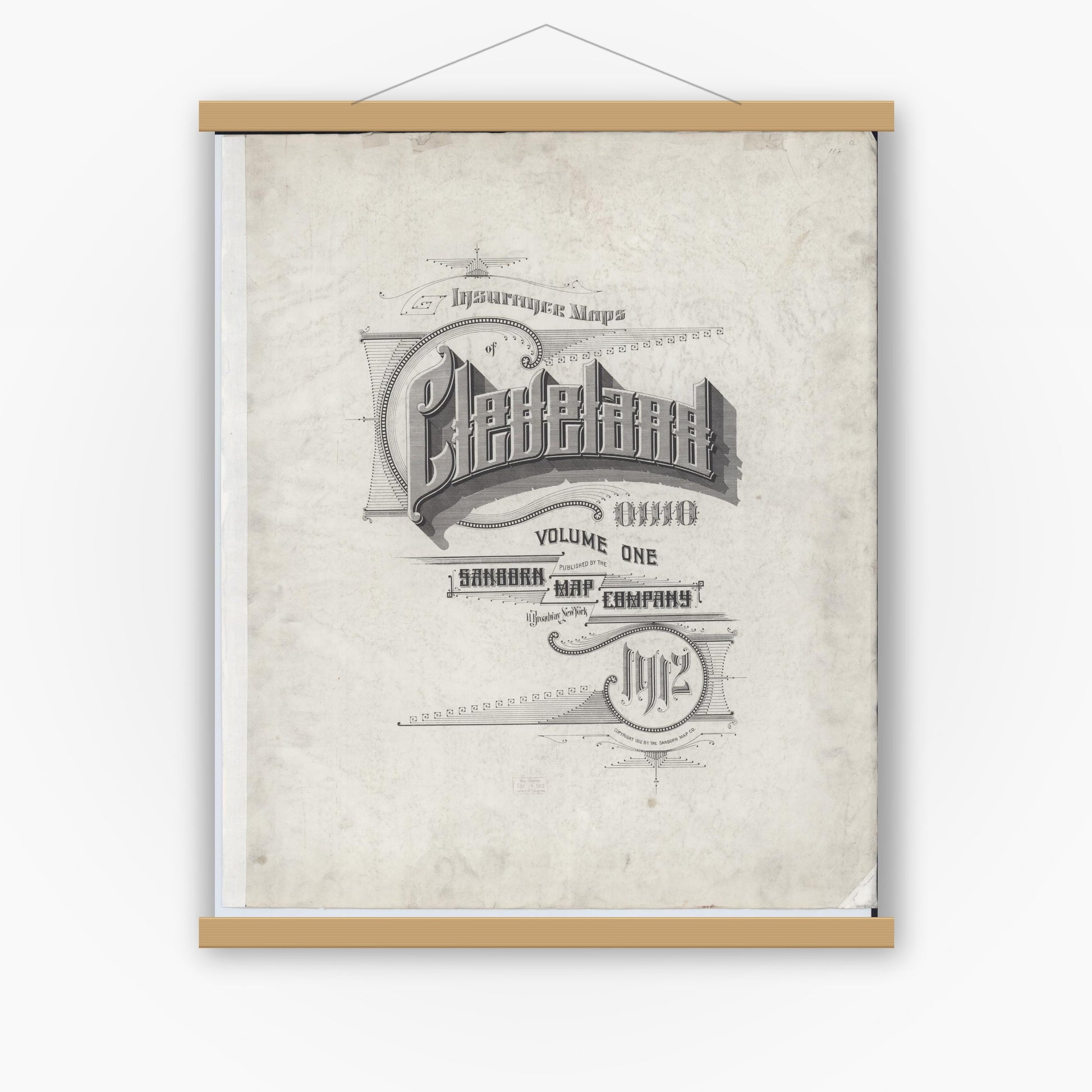 Old map wall art mockup — magnetic wood frame on white wall — Sanborn Fire Insurance Map from Cleveland, Cuyahoga County, Ohio (1912), Sheet #0001