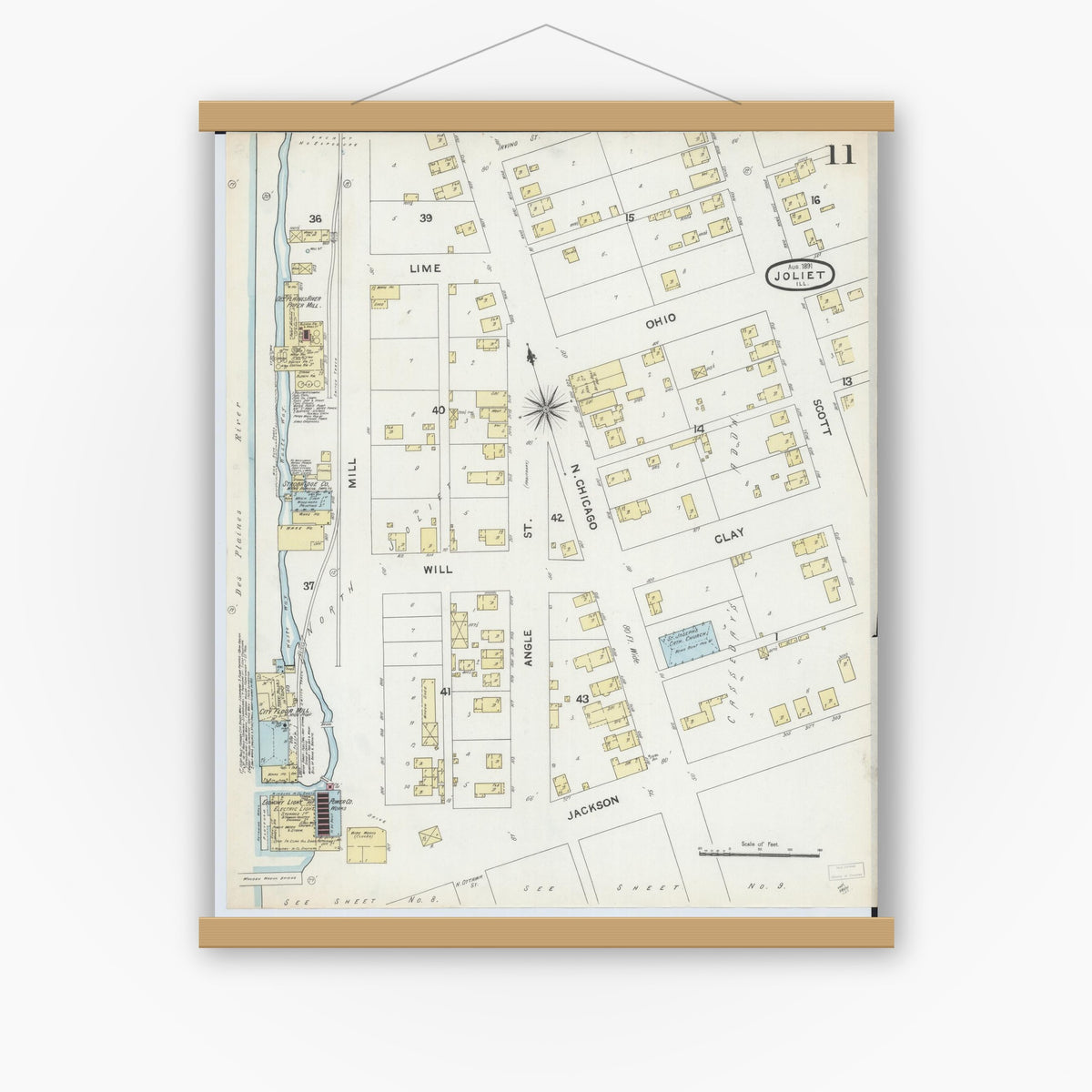 Old map wall art mockup — magnetic wood frame on white wall — Sanborn Fire Insurance Map from Joliet, Will County, Illinois (1891), Sheet #0011