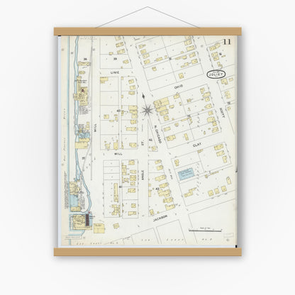 Old map wall art mockup — magnetic wood frame on white wall — Sanborn Fire Insurance Map from Joliet, Will County, Illinois (1891), Sheet #0011