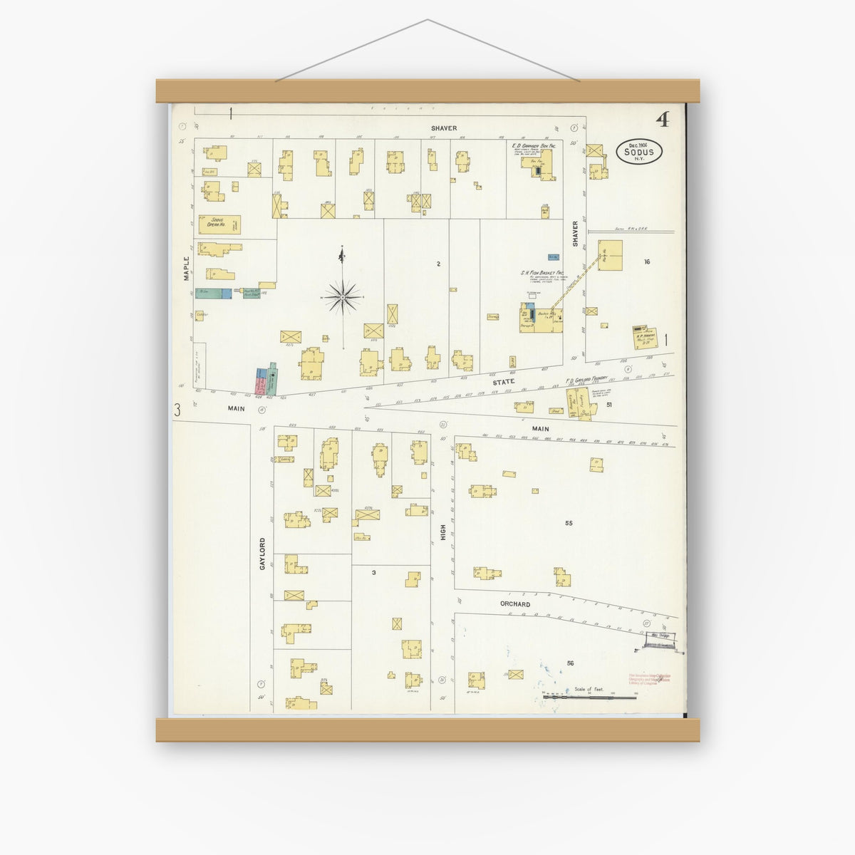 Old map wall art mockup — magnetic wood frame on white wall — Sanborn Fire Insurance Map from Sodus, Wayne County, New York (1906), Sheet #0004