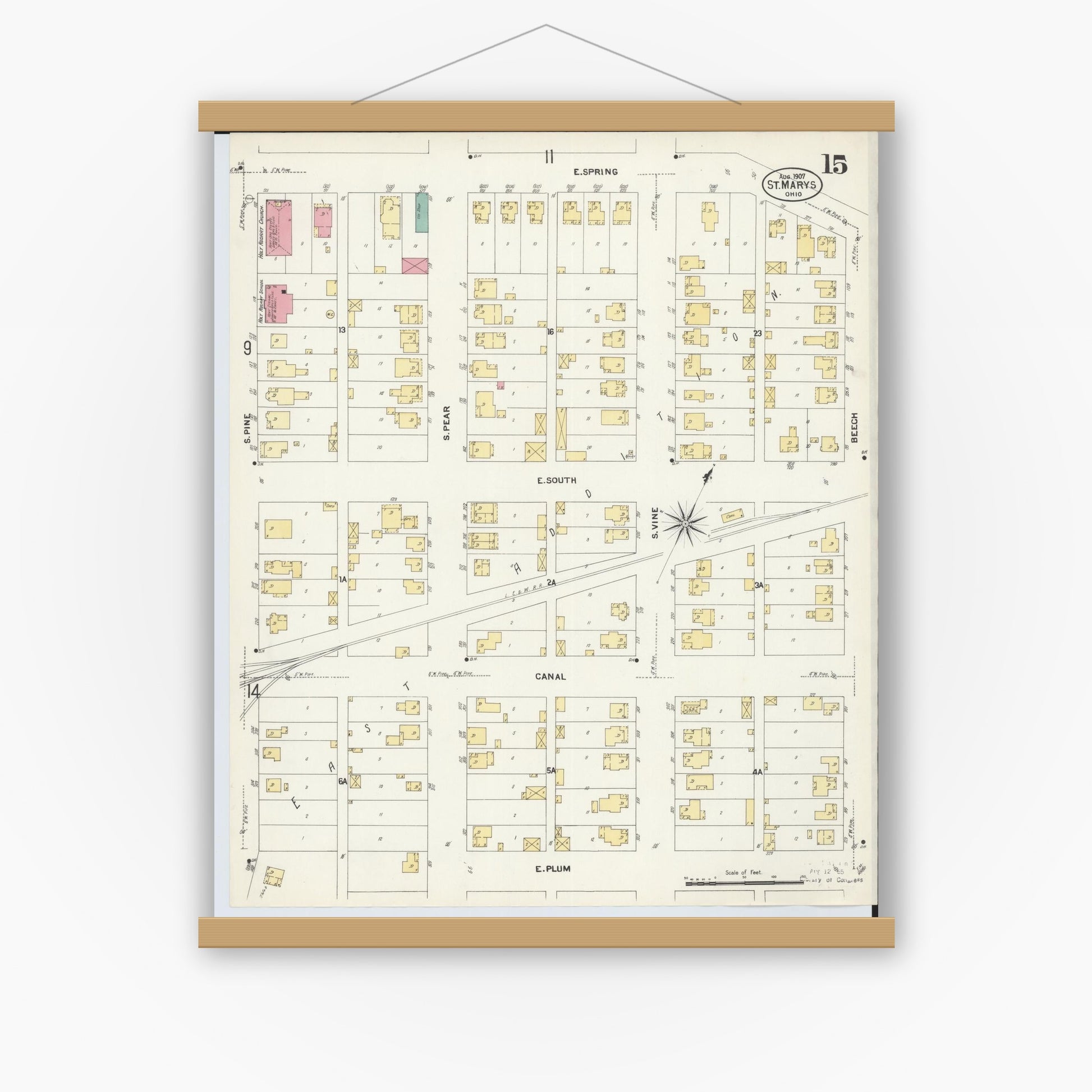 Old map wall art mockup — magnetic wood frame on white wall — Sanborn Fire Insurance Map from Saint Marys, Auglaize County, Ohio (1907), Sheet #0015