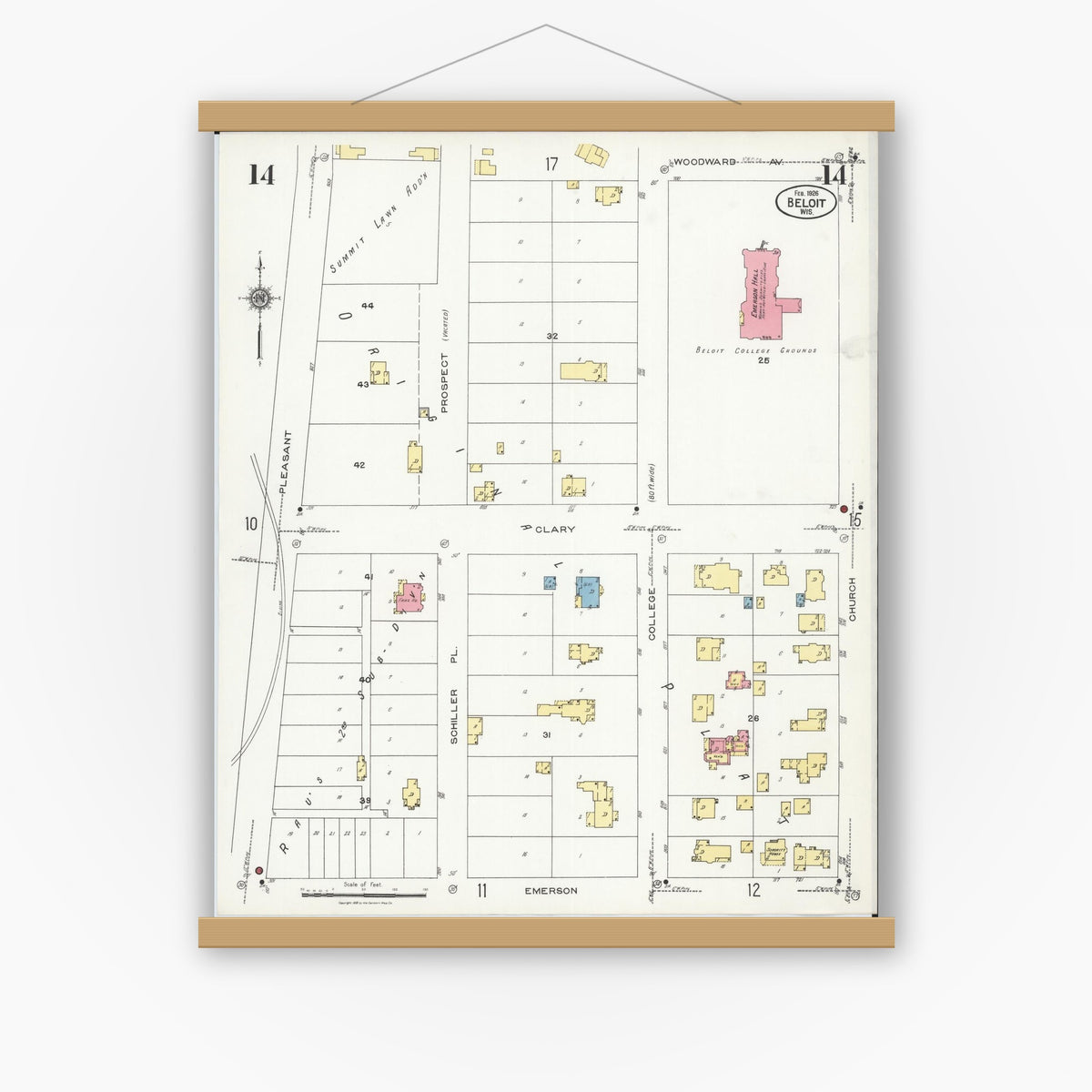 Old map wall art mockup — magnetic wood frame on white wall — Sanborn Fire Insurance Map from Beloit, Rock County, Wisconsin (1926), Sheet #0014