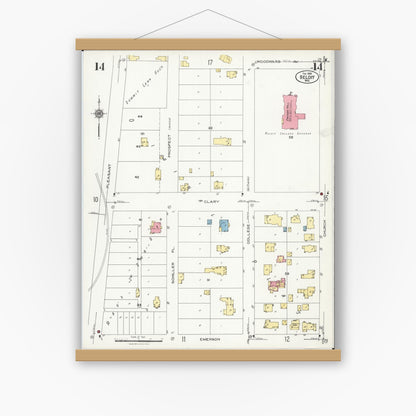 Old map wall art mockup — magnetic wood frame on white wall — Sanborn Fire Insurance Map from Beloit, Rock County, Wisconsin (1926), Sheet #0014