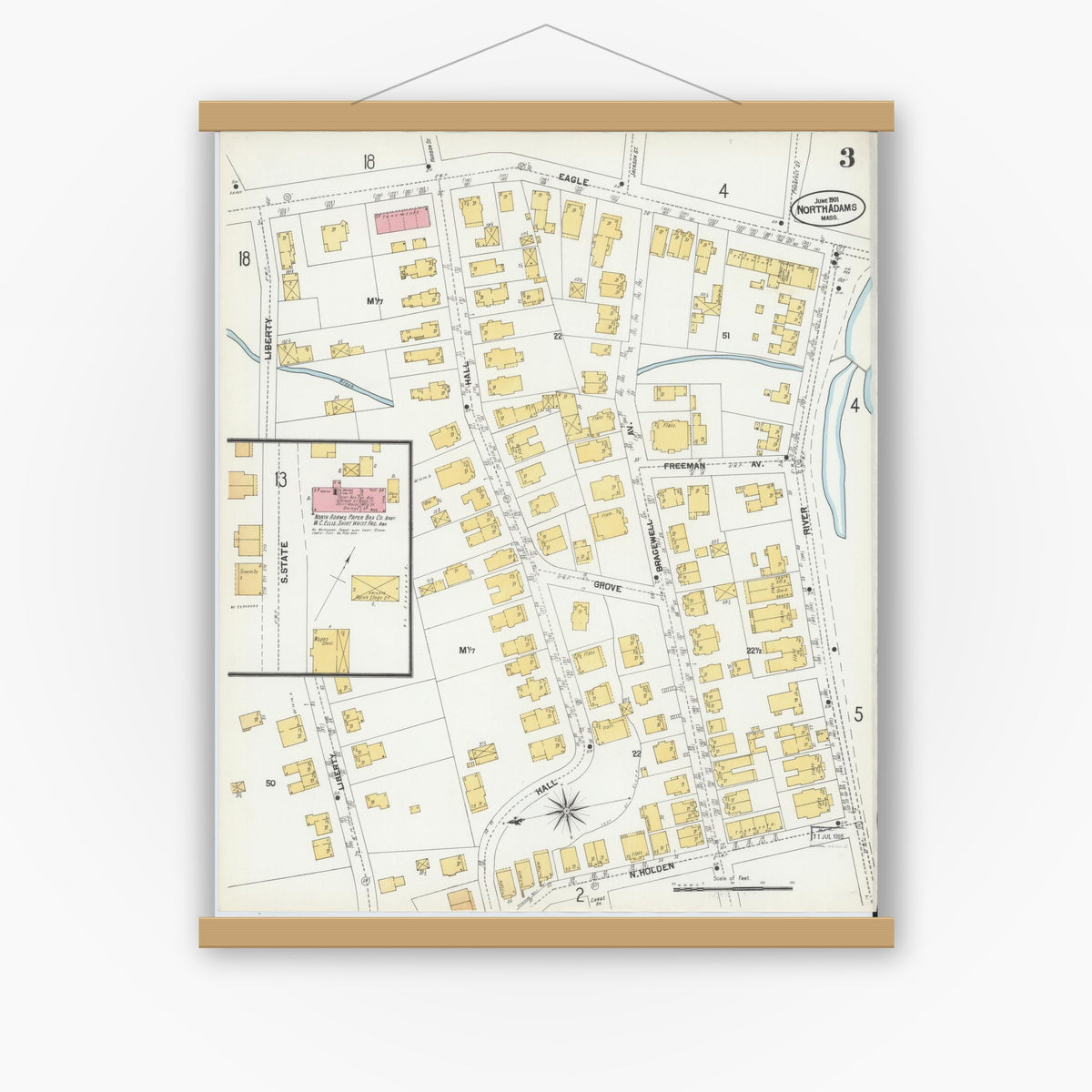 Old map wall art mockup — magnetic wood frame on white wall — Sanborn Fire Insurance Map from North Adams, Berkshire County, Massachusetts (1901), Sheet #0003