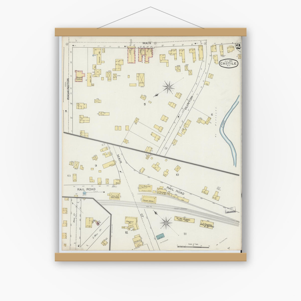 Old map wall art mockup — magnetic wood frame on white wall — Sanborn Fire Insurance Map from Castile, Wyoming County, New York (1893), Sheet #0002