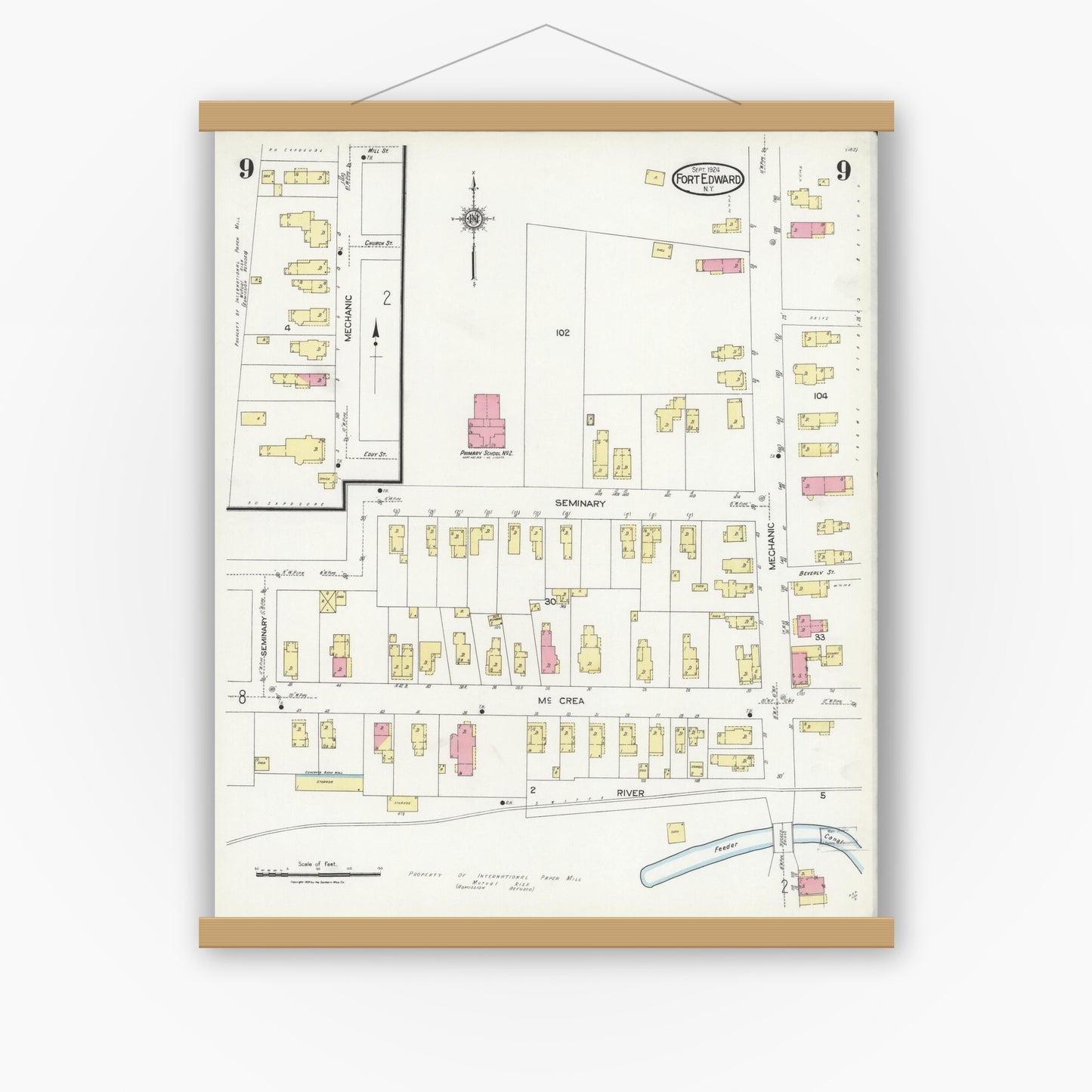 Old map wall art mockup — magnetic wood frame on white wall — Sanborn Fire Insurance Map from Fort Edward, Washington County, New York (1924), Sheet #0009