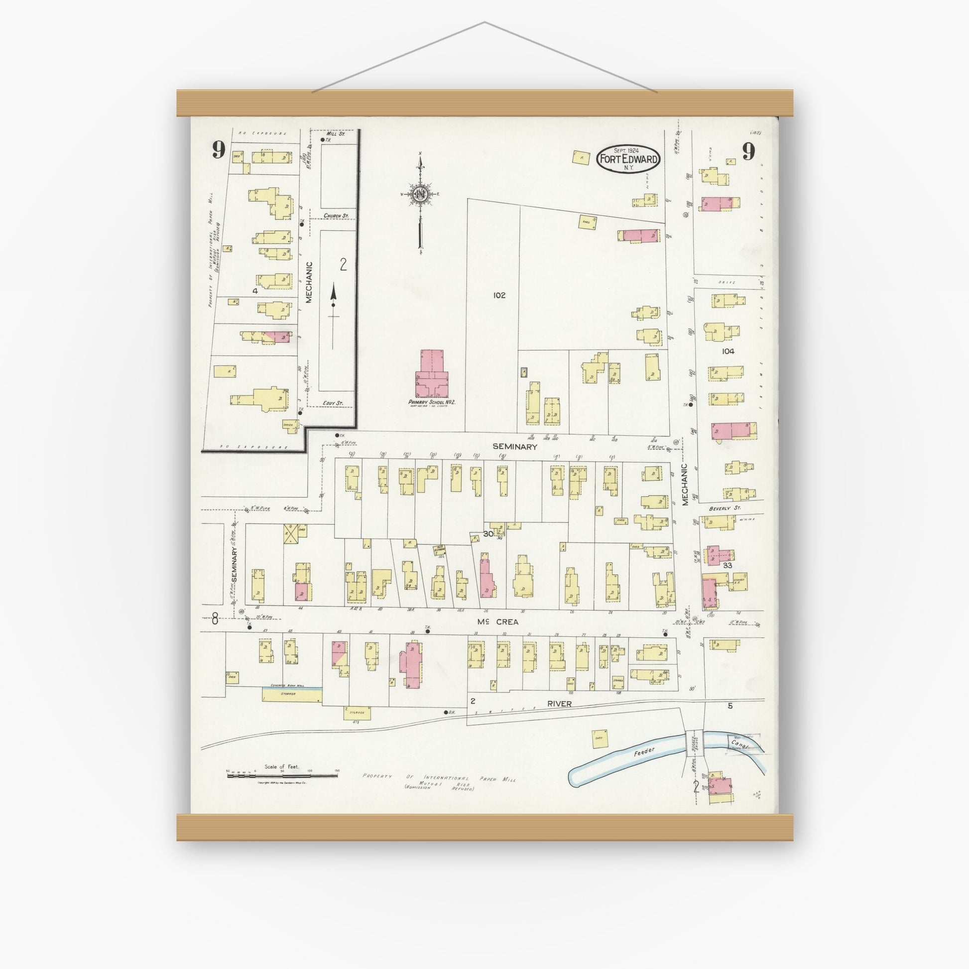 Old map wall art mockup — magnetic wood frame on white wall — Sanborn Fire Insurance Map from Fort Edward, Washington County, New York (1924), Sheet #0009