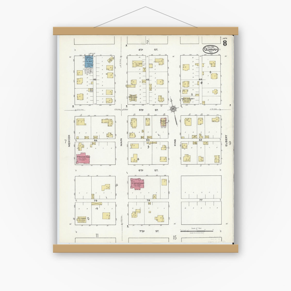 Old map wall art mockup — magnetic wood frame on white wall — Sanborn Fire Insurance Map from Quanah, Hardeman County, Texas (1921), Sheet #0008