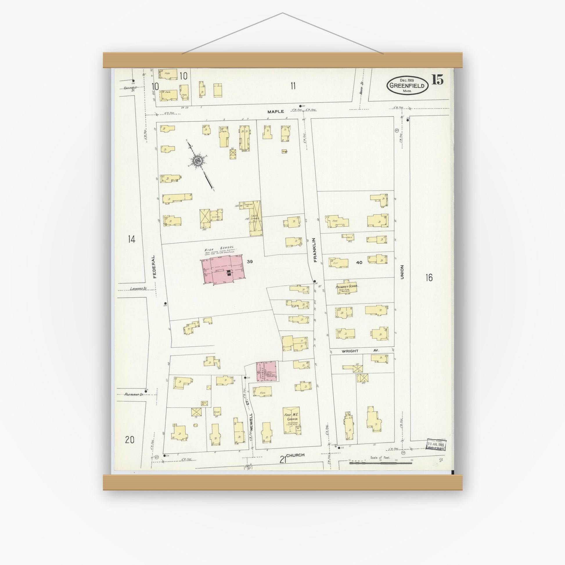 Old map wall art mockup — magnetic wood frame on white wall — Sanborn Fire Insurance Map from Greenfield, Franklin County, Massachusetts (1909), Sheet #0015