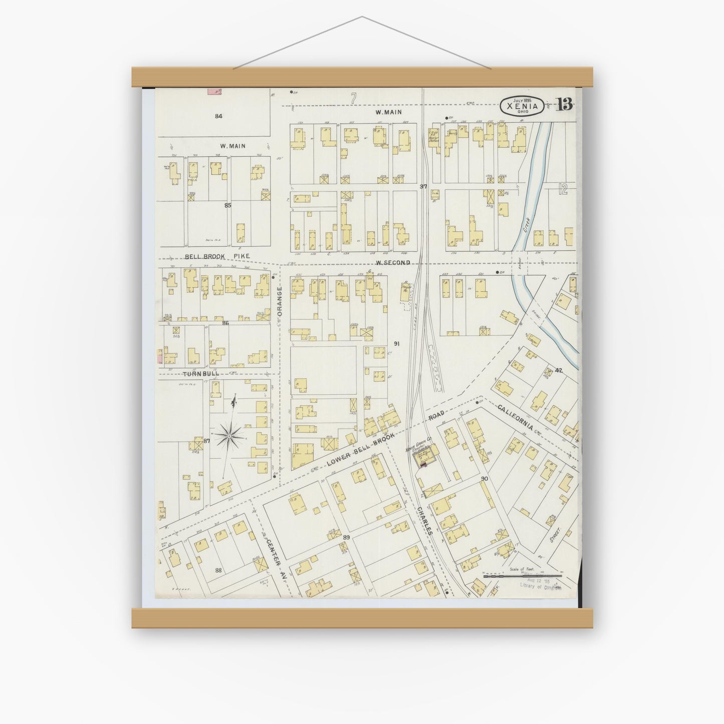 Old map wall art mockup — magnetic wood frame on white wall — Sanborn Fire Insurance Map from Xenia, Greene County, Ohio (1895), Sheet #0013