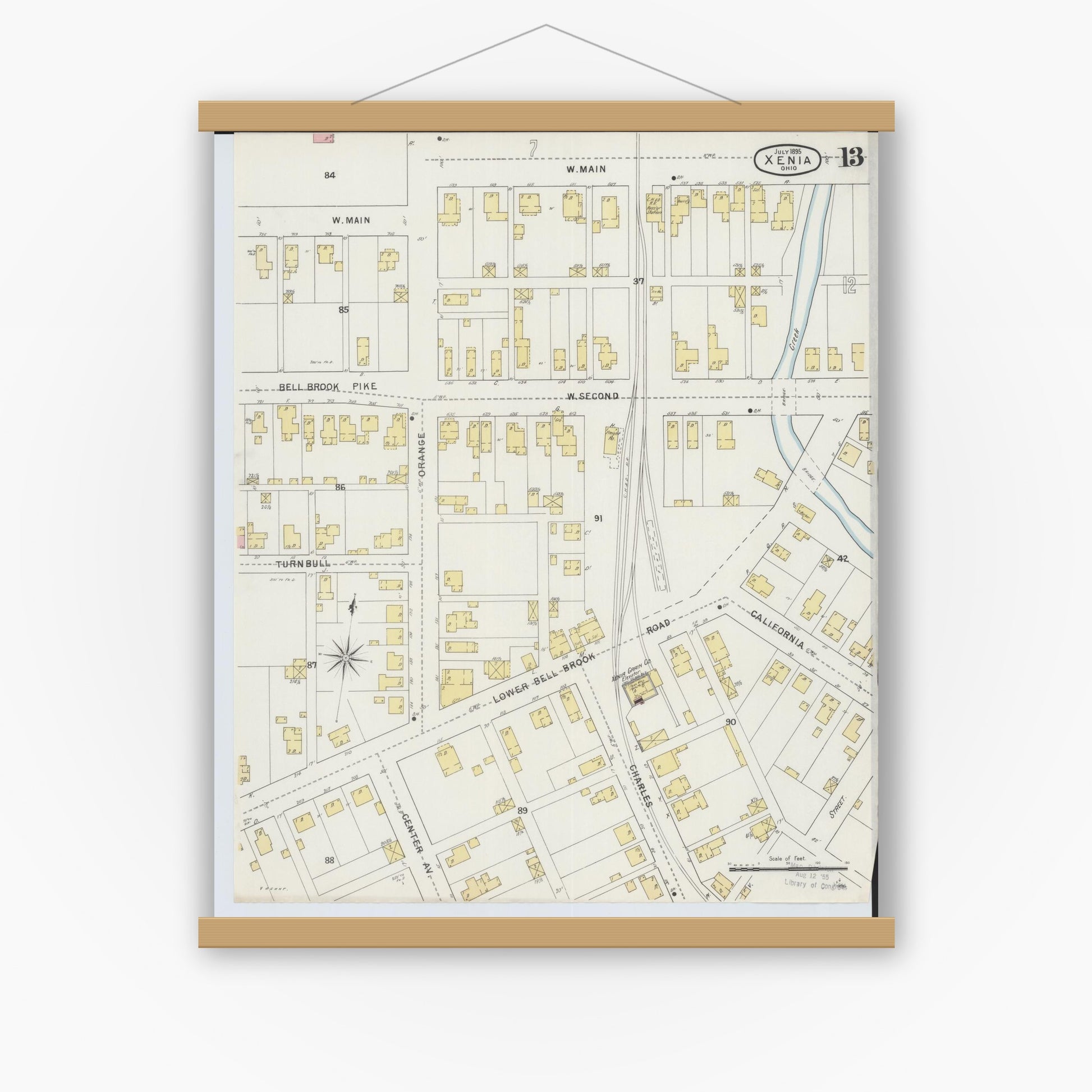 Old map wall art mockup — magnetic wood frame on white wall — Sanborn Fire Insurance Map from Xenia, Greene County, Ohio (1895), Sheet #0013