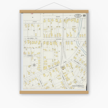 Old map wall art mockup — magnetic wood frame on white wall — Sanborn Fire Insurance Map from Xenia, Greene County, Ohio (1895), Sheet #0013