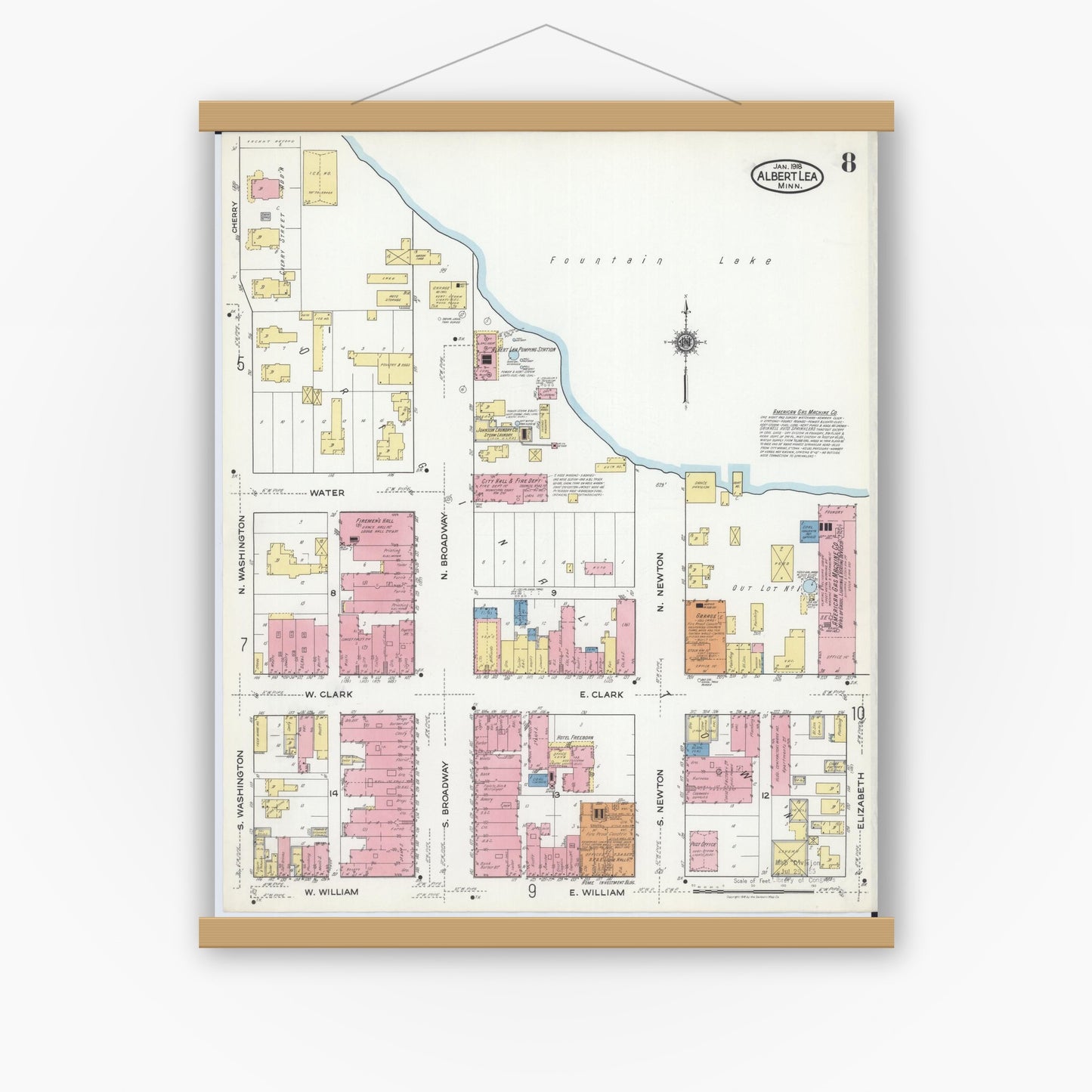 Old map wall art mockup — magnetic wood frame on white wall — Sanborn Fire Insurance Map from Albert Lea, Freeborn County, Minnesota (1918), Sheet #0008