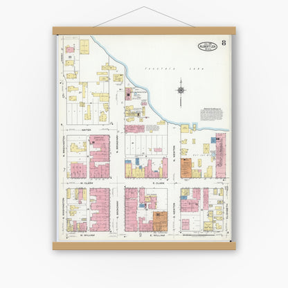 Old map wall art mockup — magnetic wood frame on white wall — Sanborn Fire Insurance Map from Albert Lea, Freeborn County, Minnesota (1918), Sheet #0008