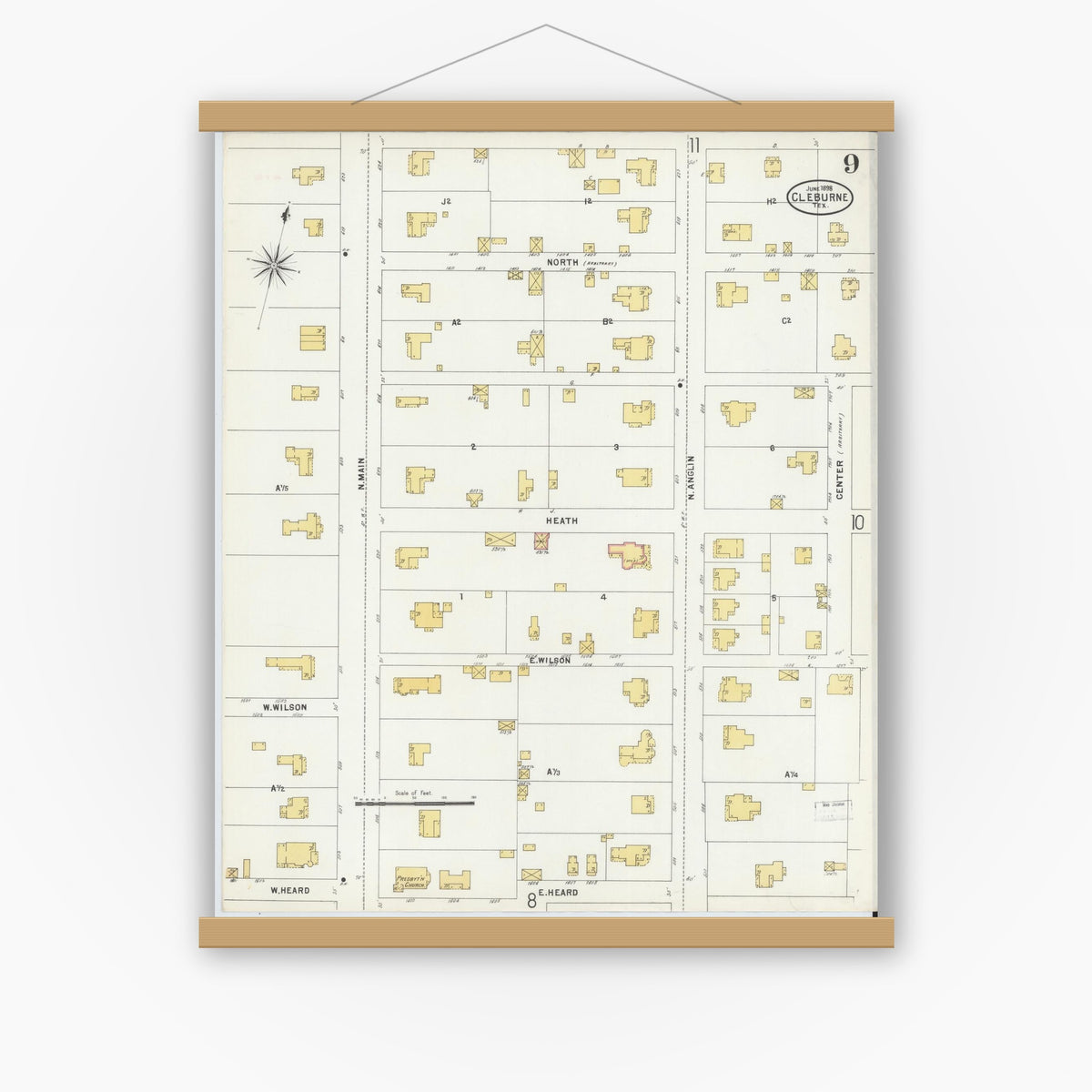 Old map wall art mockup — magnetic wood frame on white wall — Sanborn Fire Insurance Map from Cleburne, Johnson County, Texas (1898), Sheet #0009