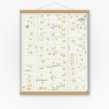 Old map wall art mockup — magnetic wood frame on white wall — Sanborn Fire Insurance Map from Cleburne, Johnson County, Texas (1898), Sheet #0009
