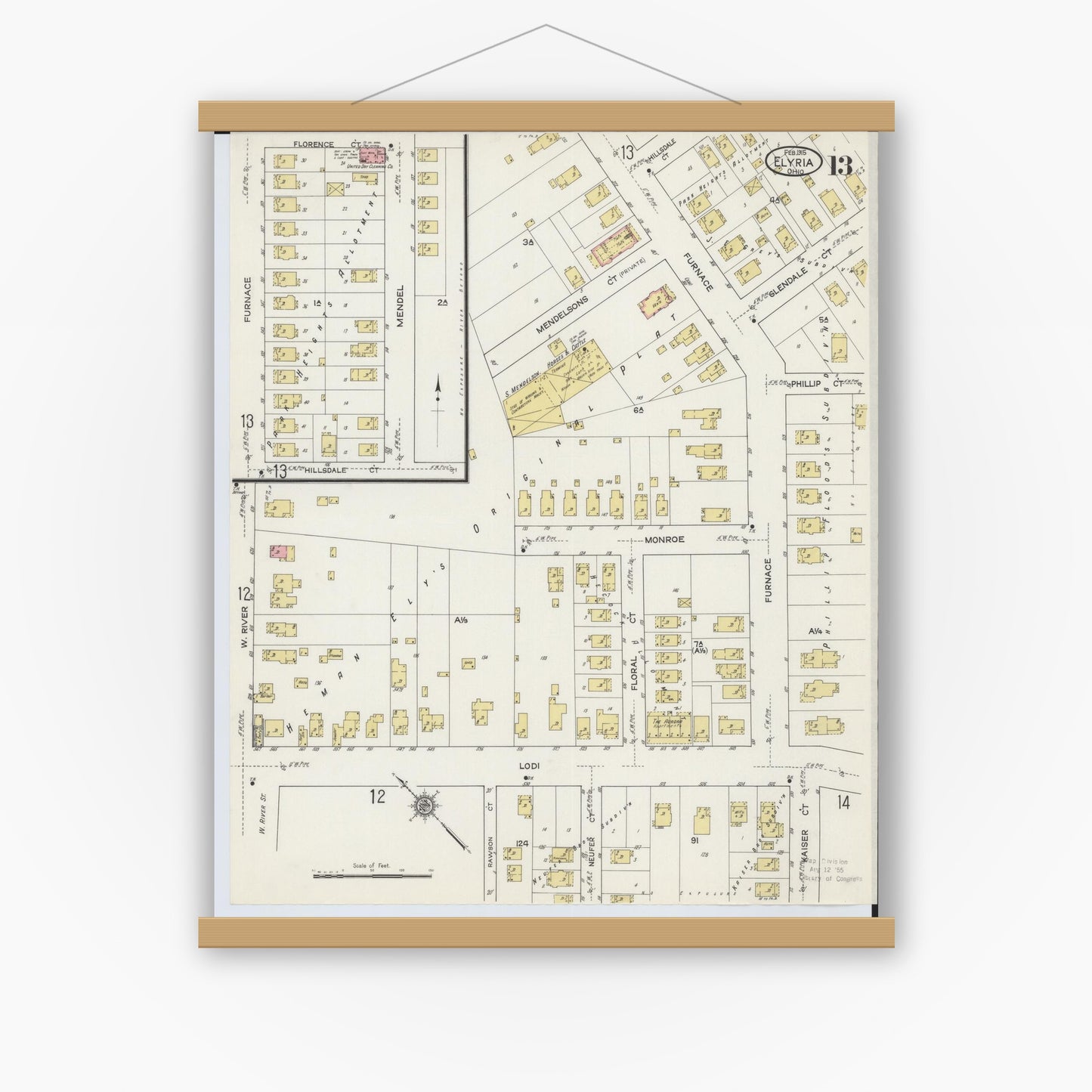 Old map wall art mockup — magnetic wood frame on white wall — Sanborn Fire Insurance Map from Elyria, Lorain County, Ohio (1915), Sheet #0013