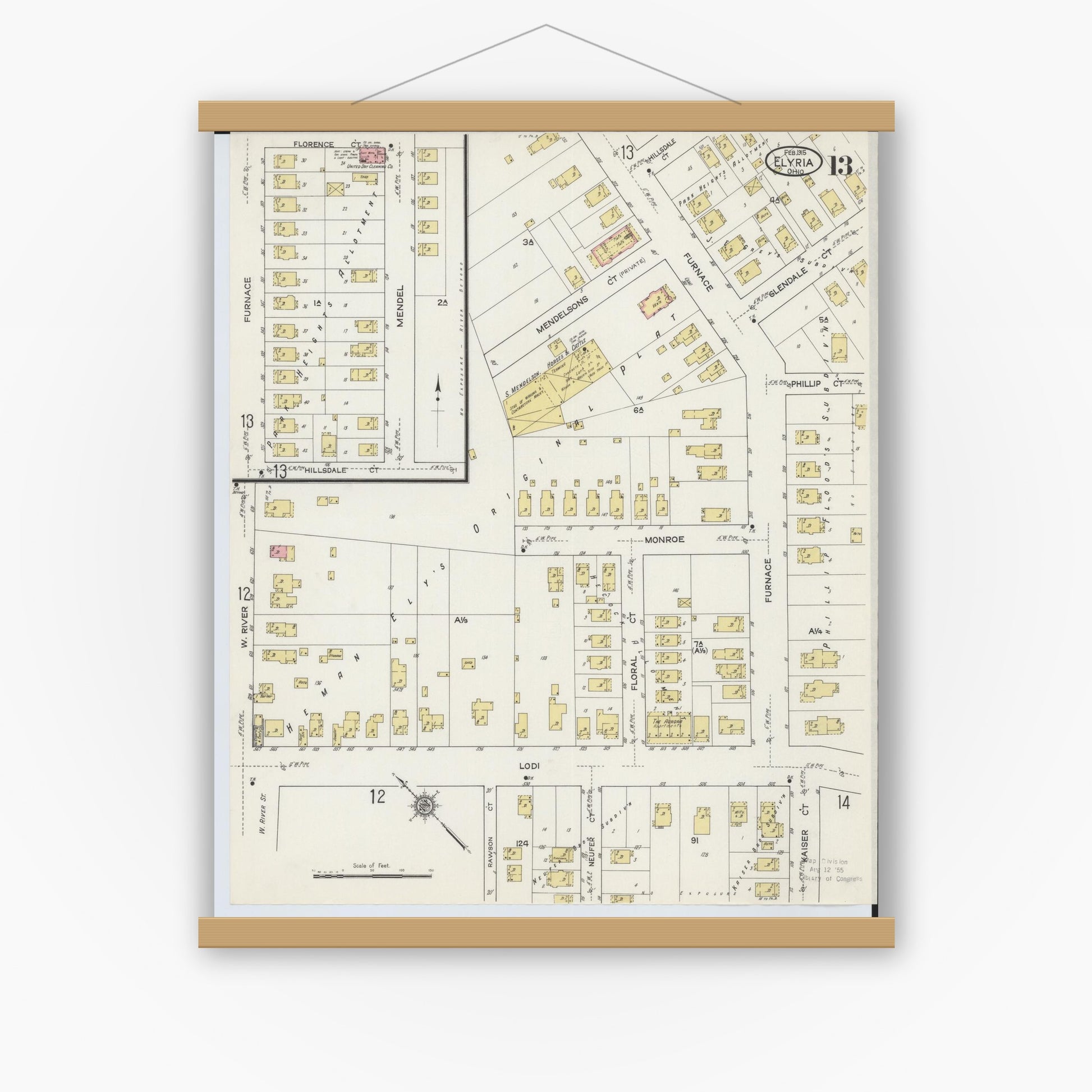 Old map wall art mockup — magnetic wood frame on white wall — Sanborn Fire Insurance Map from Elyria, Lorain County, Ohio (1915), Sheet #0013