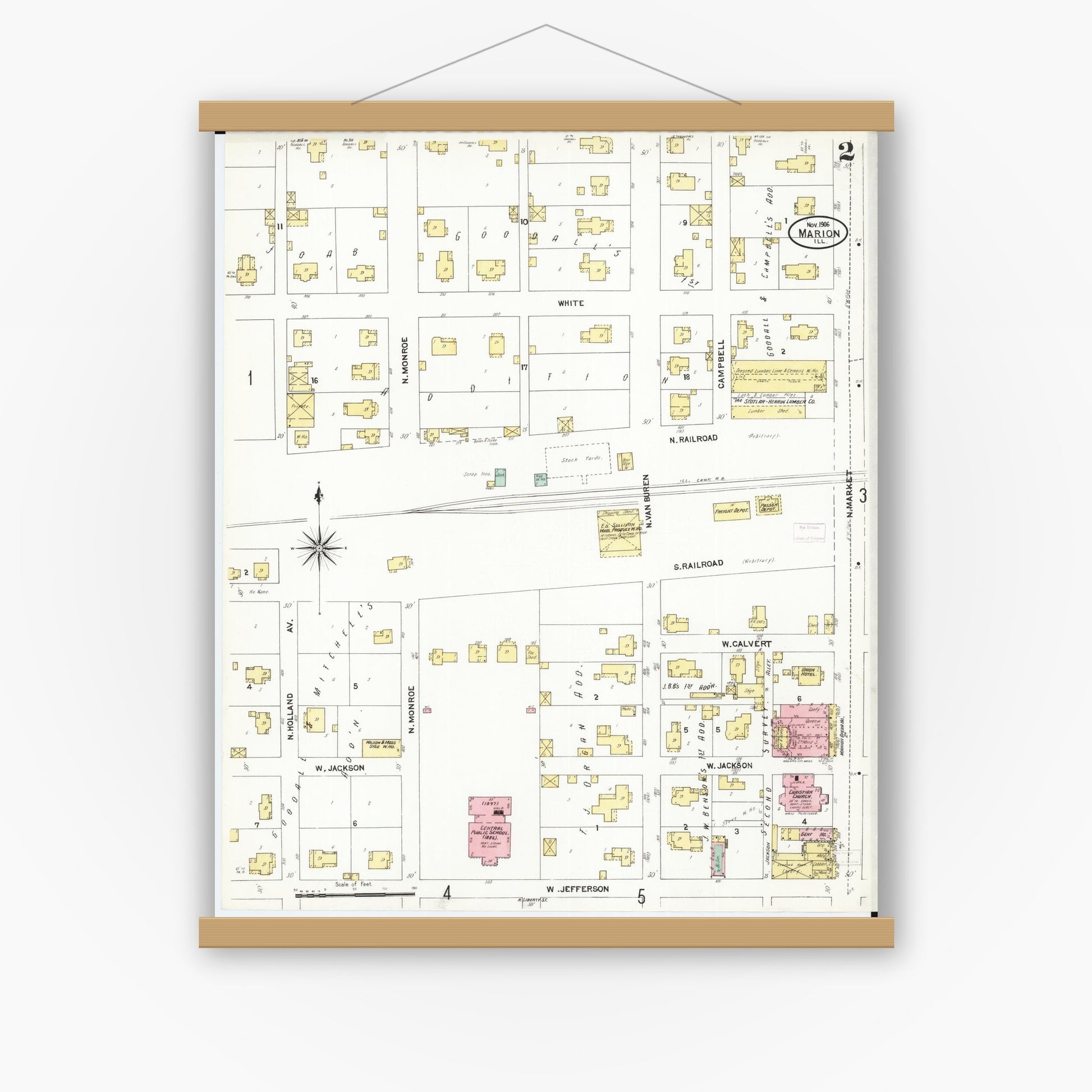 Old map wall art mockup — magnetic wood frame on white wall — Sanborn Fire Insurance Map from Marion, Williamson County, Illinois (1906), Sheet #0002