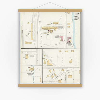 Old map wall art mockup — magnetic wood frame on white wall — Sanborn Fire Insurance Map from Waltham, Middlesex County, Massachusetts (1897), Sheet #0027