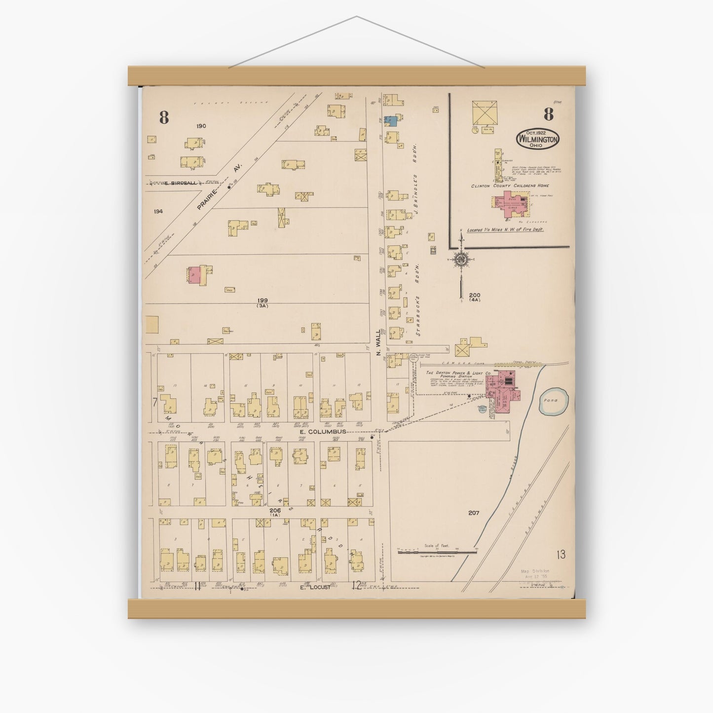 Old map wall art mockup — magnetic wood frame on white wall — Sanborn Fire Insurance Map from Wilmington, Clinton County, Ohio (1922), Sheet #0008