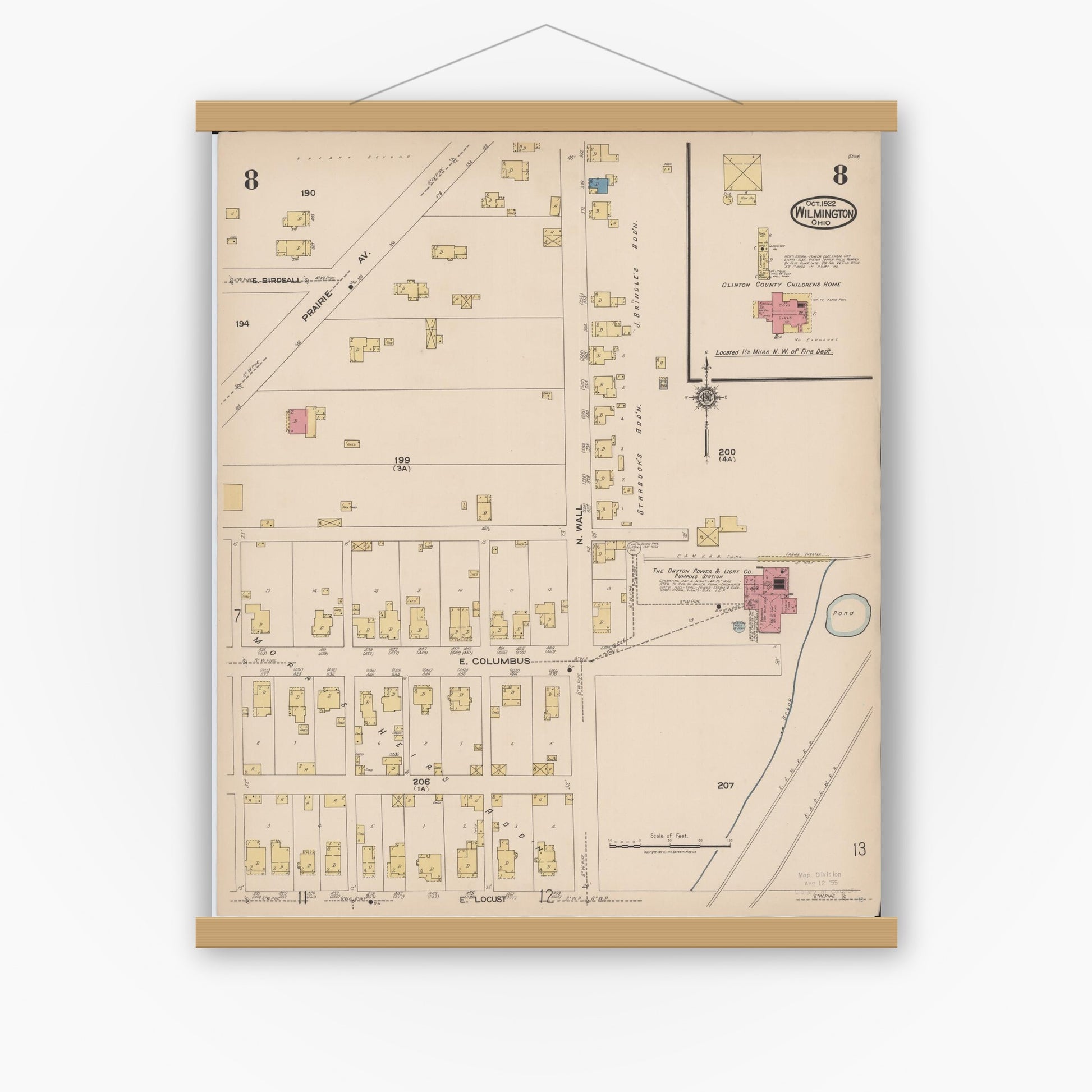 Old map wall art mockup — magnetic wood frame on white wall — Sanborn Fire Insurance Map from Wilmington, Clinton County, Ohio (1922), Sheet #0008