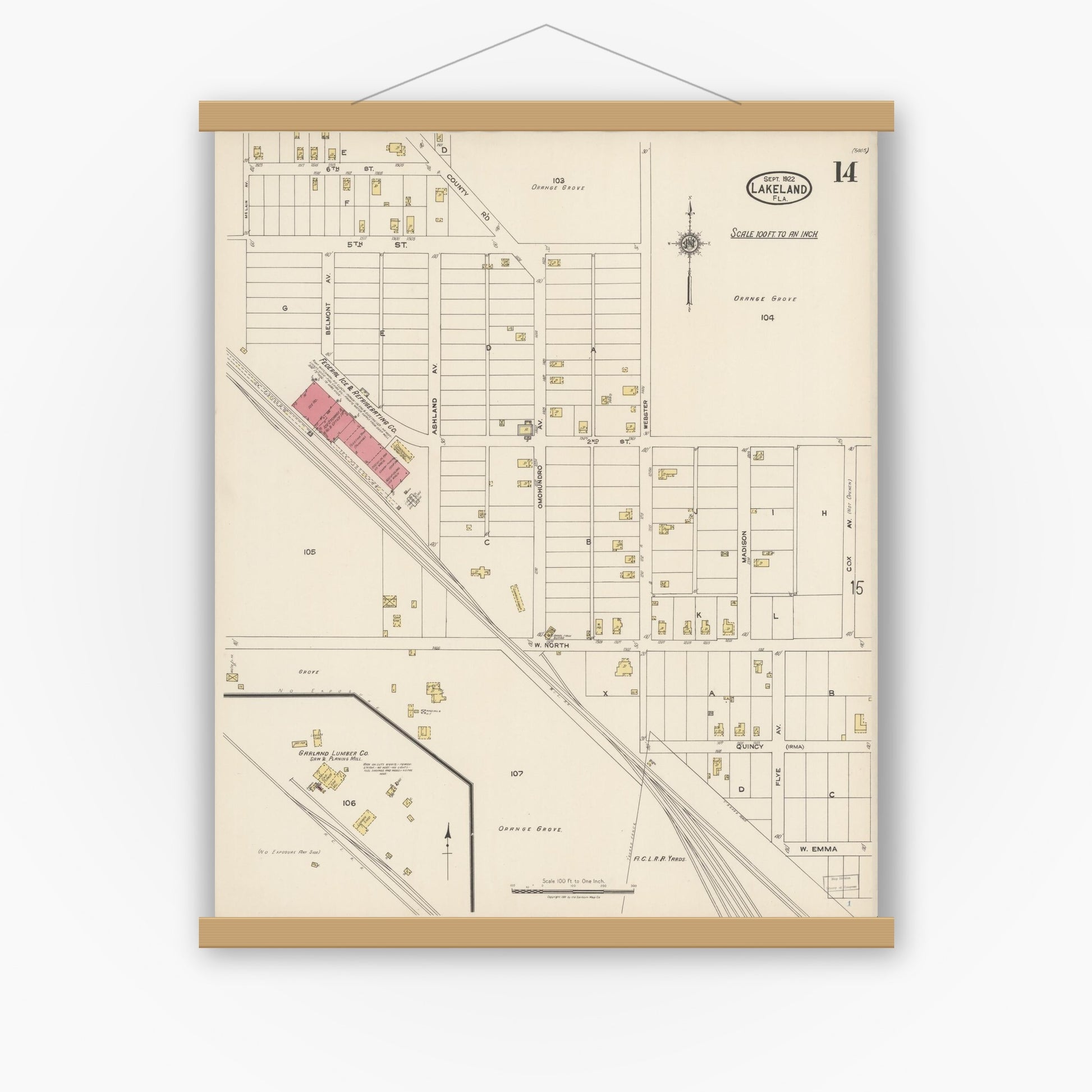 Old map wall art mockup — magnetic wood frame on white wall — Sanborn Fire Insurance Map from Lakeland, Polk County, Florida (1922), Sheet #0014