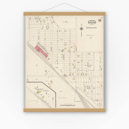Old map wall art mockup — magnetic wood frame on white wall — Sanborn Fire Insurance Map from Lakeland, Polk County, Florida (1922), Sheet #0014