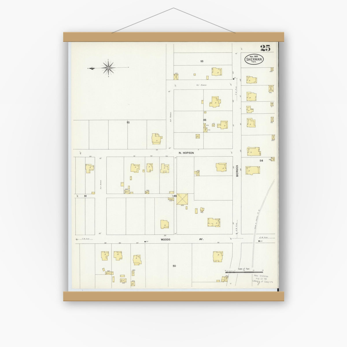 Old map wall art mockup — magnetic wood frame on white wall — Sanborn Fire Insurance Map from Sherman, Grayson County, Texas (1908), Sheet #0025