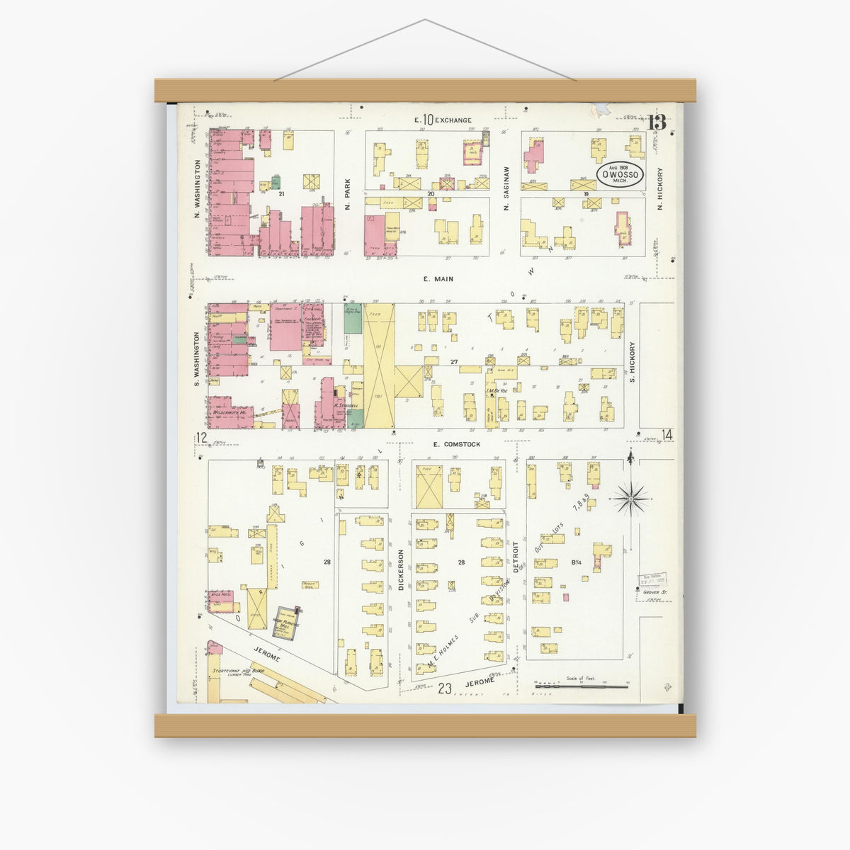 Old map wall art mockup — magnetic wood frame on white wall — Sanborn Fire Insurance Map from Owosso, Shiawassee County, Michigan (1908), Sheet #0013