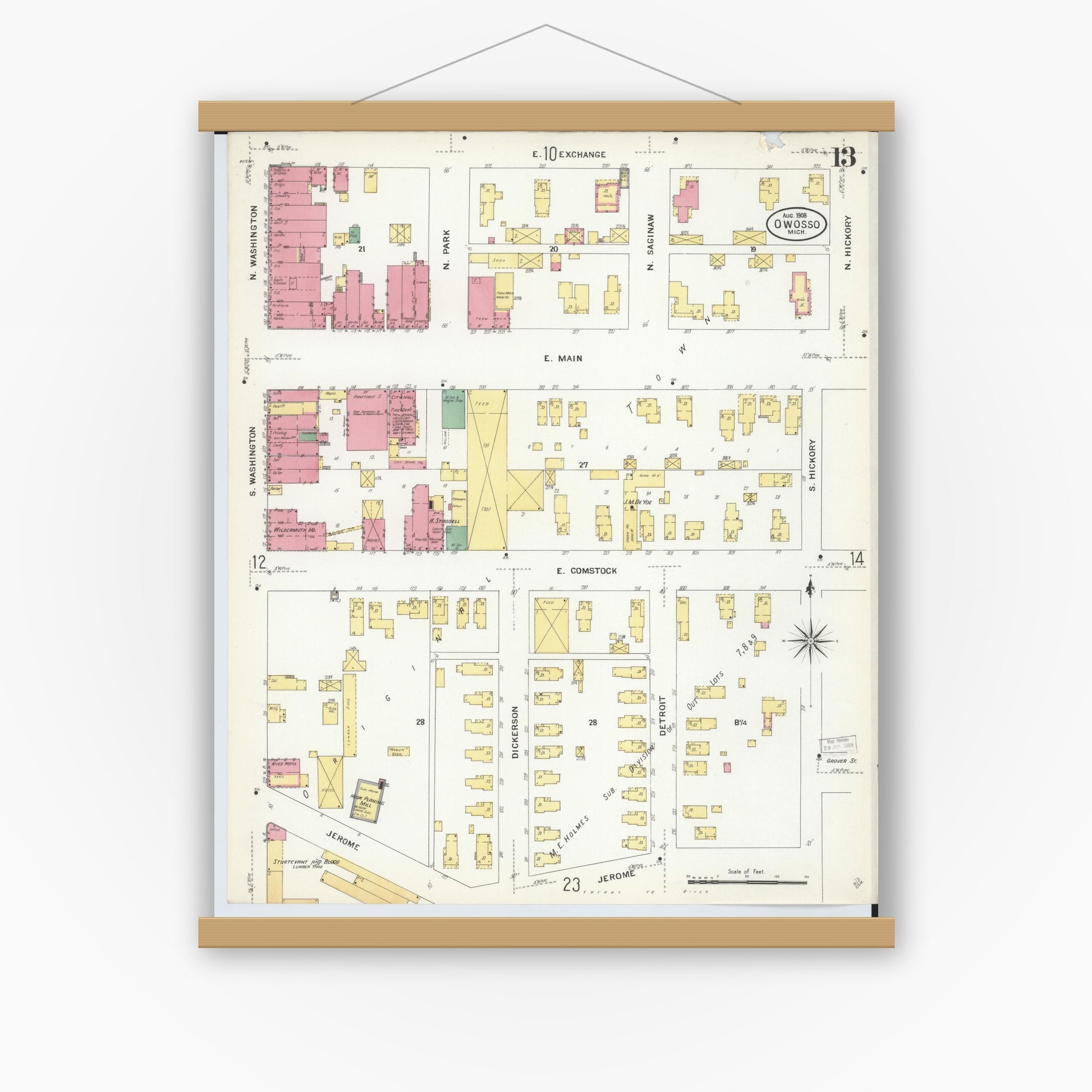 Old map wall art mockup — magnetic wood frame on white wall — Sanborn Fire Insurance Map from Owosso, Shiawassee County, Michigan (1908), Sheet #0013