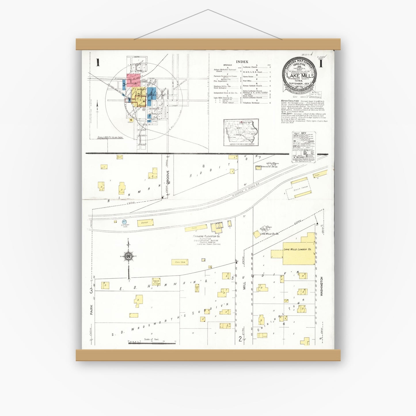 Old map wall art mockup — magnetic wood frame on white wall — Sanborn Fire Insurance Map from Lake Mills, Winnebago County, Iowa (1923) â€” Complete Set