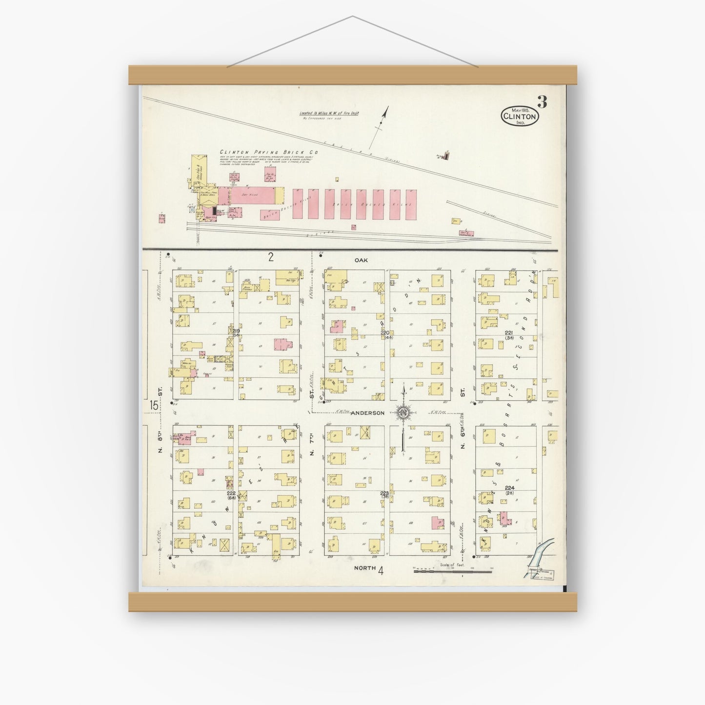 Old map wall art mockup — magnetic wood frame on white wall — Sanborn Fire Insurance Map from Clinton, Vermillion County, Indiana (1915), Sheet #0003