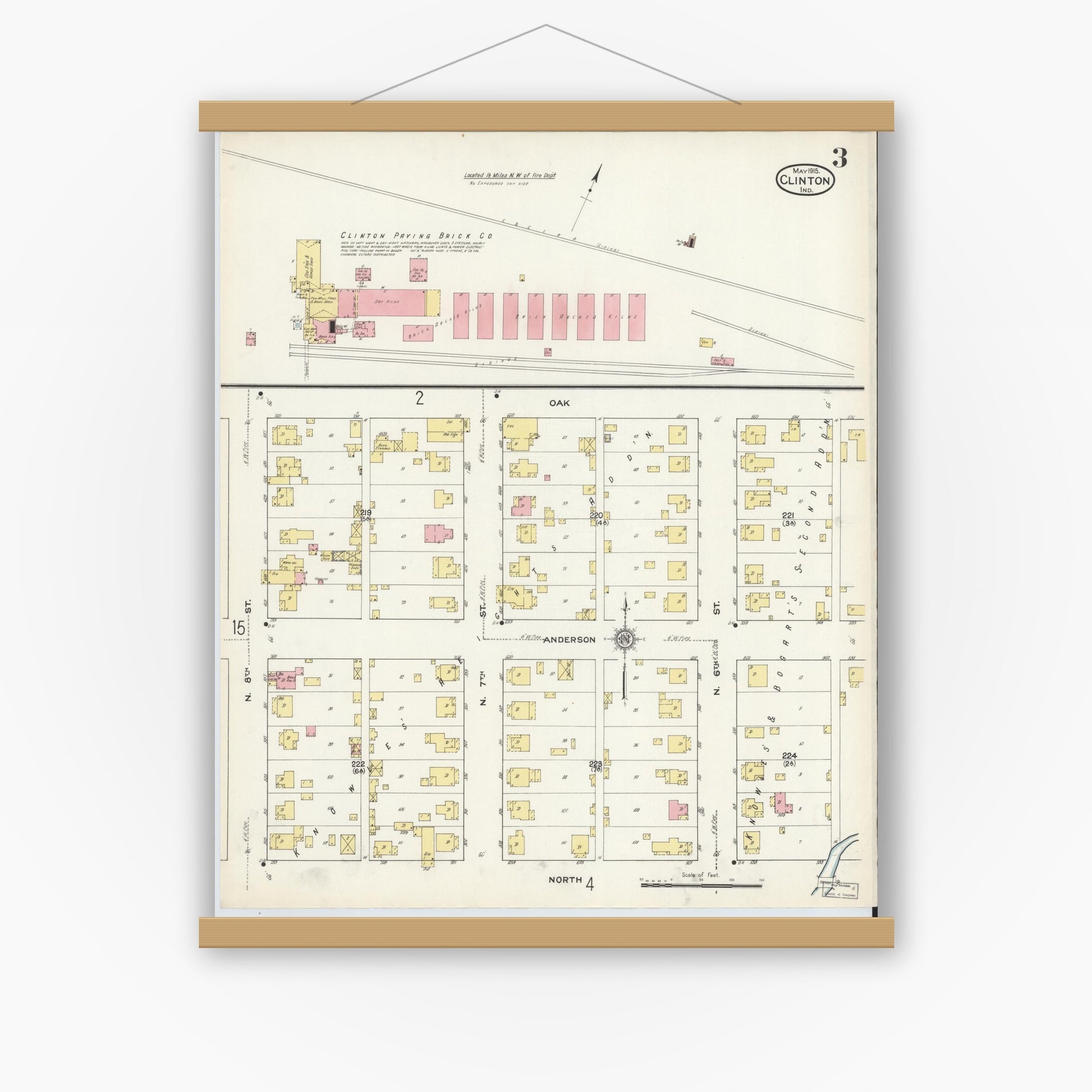Old map wall art mockup — magnetic wood frame on white wall — Sanborn Fire Insurance Map from Clinton, Vermillion County, Indiana (1915), Sheet #0003