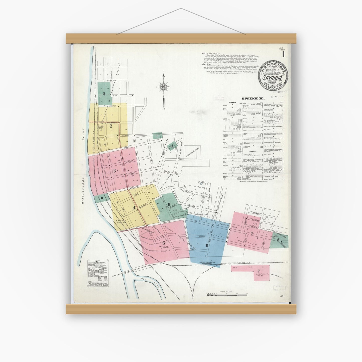 Old map wall art mockup — magnetic wood frame on white wall — Sanborn Fire Insurance Map from Savanna, Carroll County, Illinois (1912) - Complete Map Set