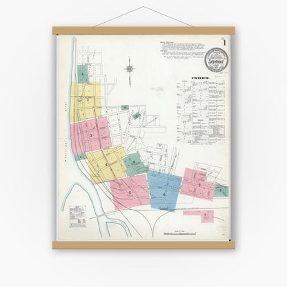 Old map wall art mockup — magnetic wood frame on white wall — Sanborn Fire Insurance Map from Savanna, Carroll County, Illinois (1912) - Complete Map Set