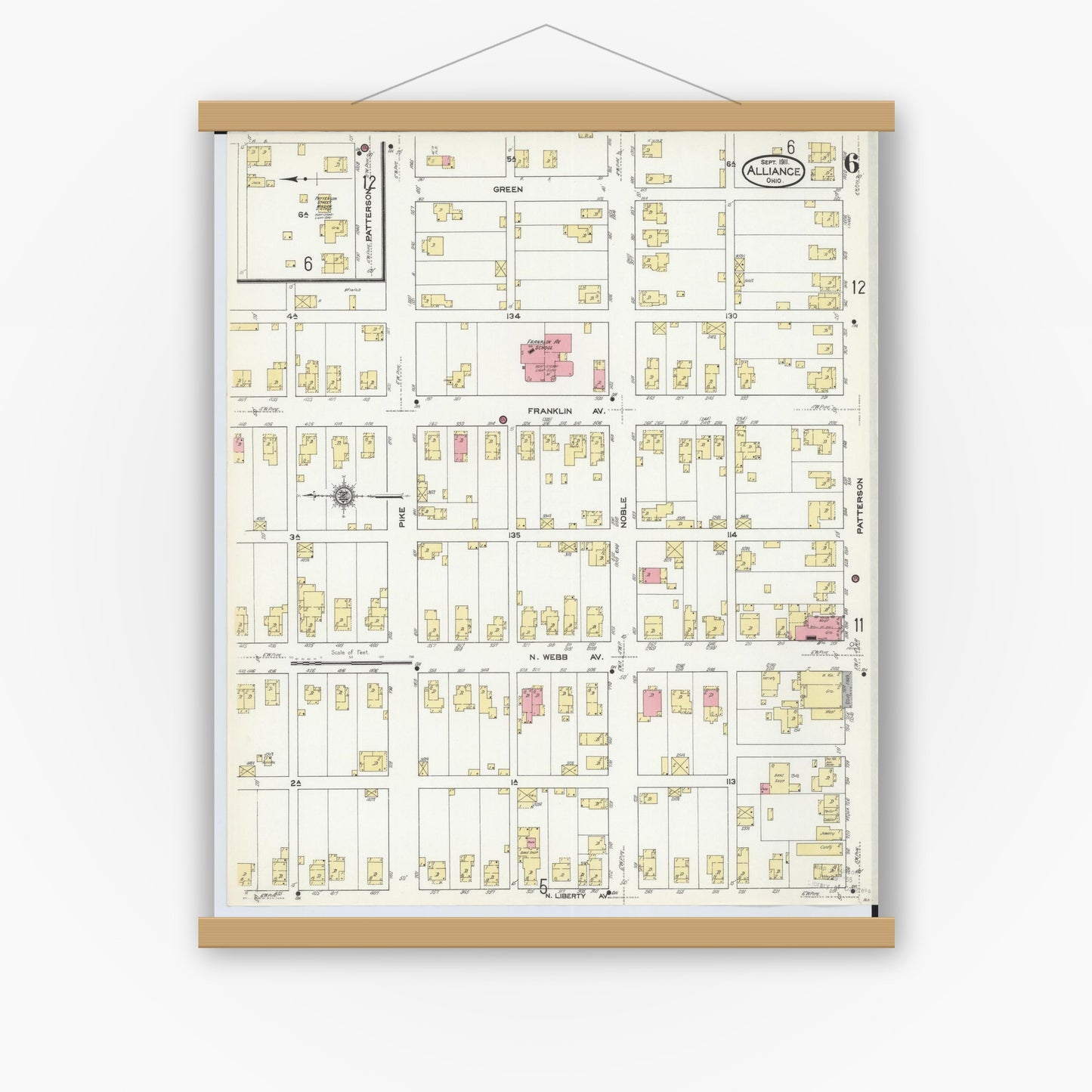 Old map wall art mockup — magnetic wood frame on white wall — Sanborn Fire Insurance Map from Alliance, Stark County, Ohio (1911), Sheet #0006