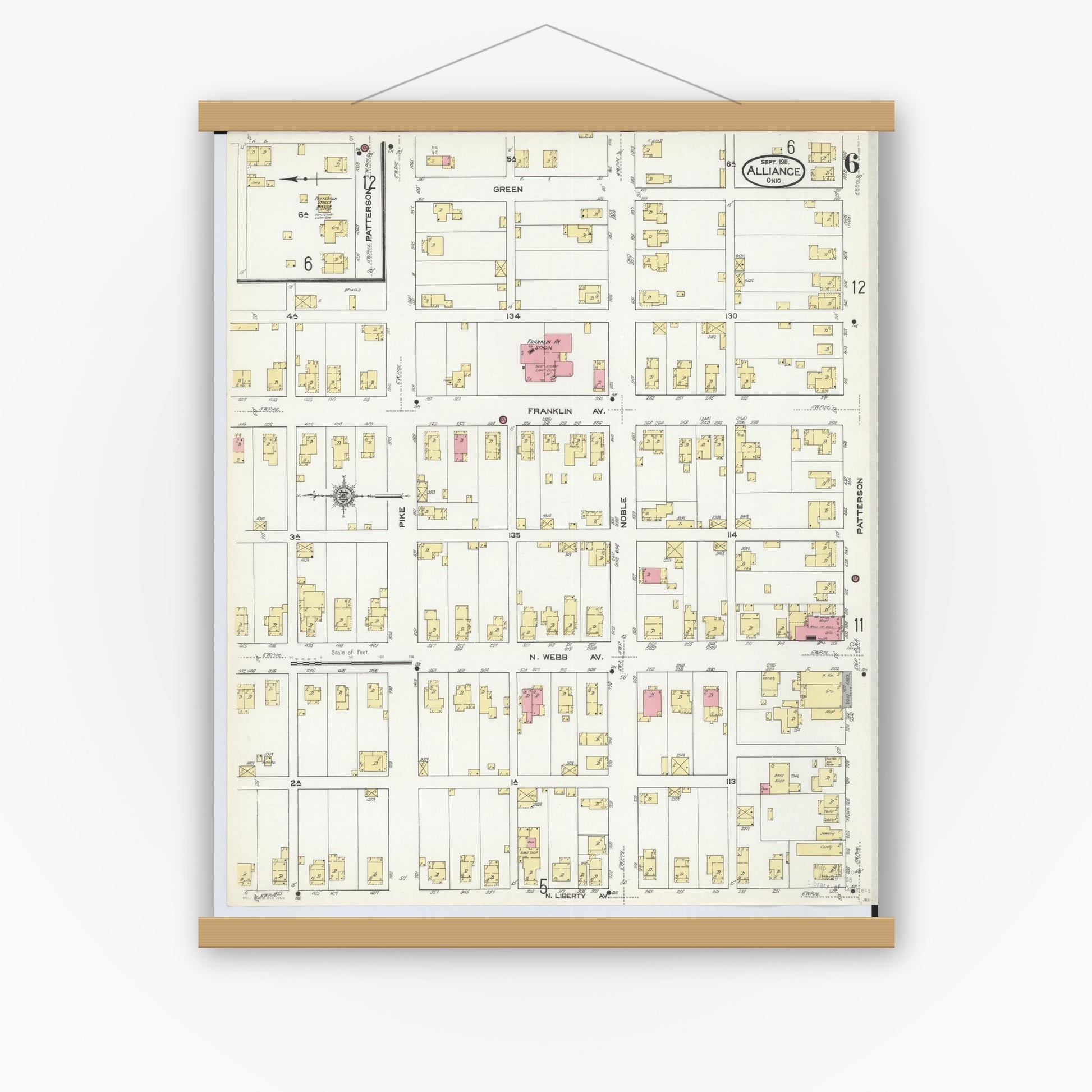 Old map wall art mockup — magnetic wood frame on white wall — Sanborn Fire Insurance Map from Alliance, Stark County, Ohio (1911), Sheet #0006