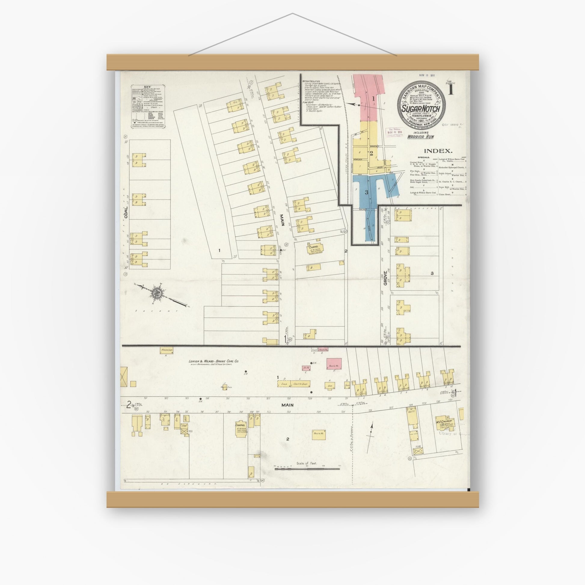 Old map wall art mockup — magnetic wood frame on white wall — Sanborn Fire Insurance Map from Sugar Notch, Luzerne County, Pennsylvania (1911) - Complete Map Set