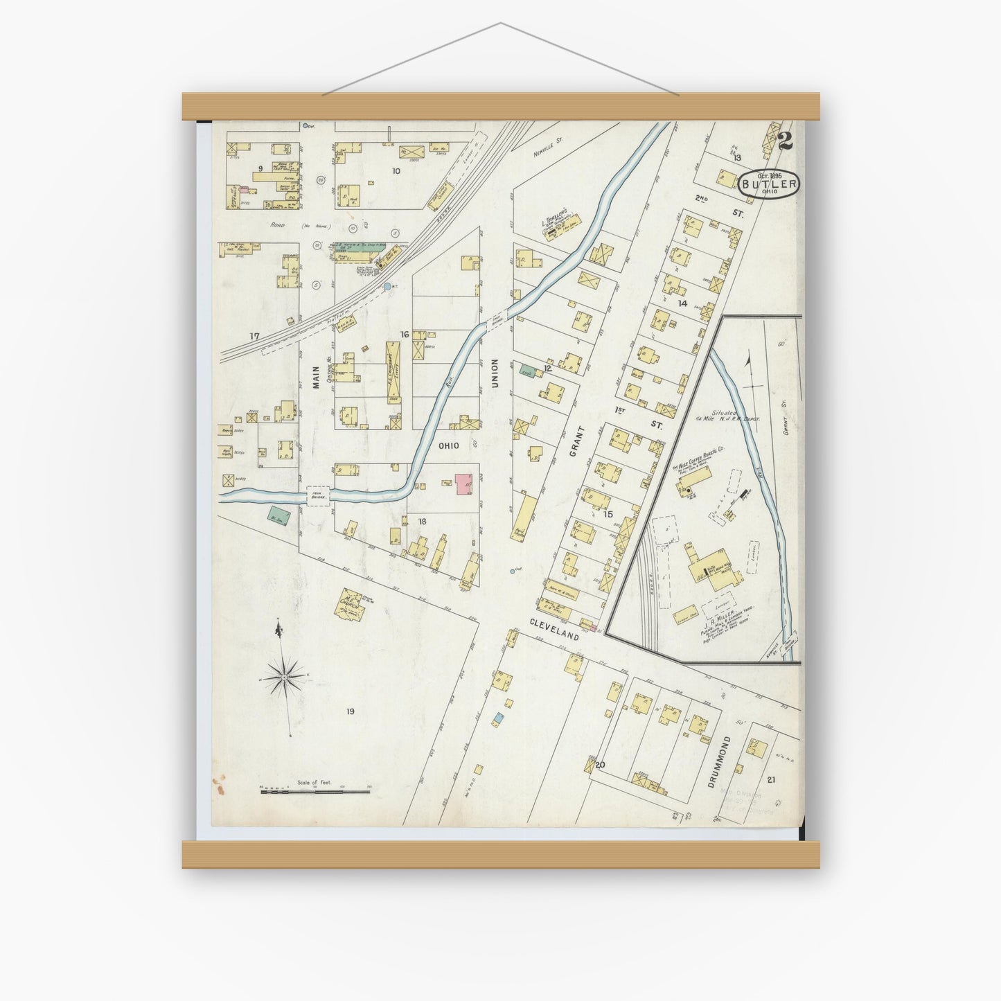Old map wall art mockup — magnetic wood frame on white wall — Sanborn Fire Insurance Map from Butler, Richland County, Ohio (1885), Sheet #0002