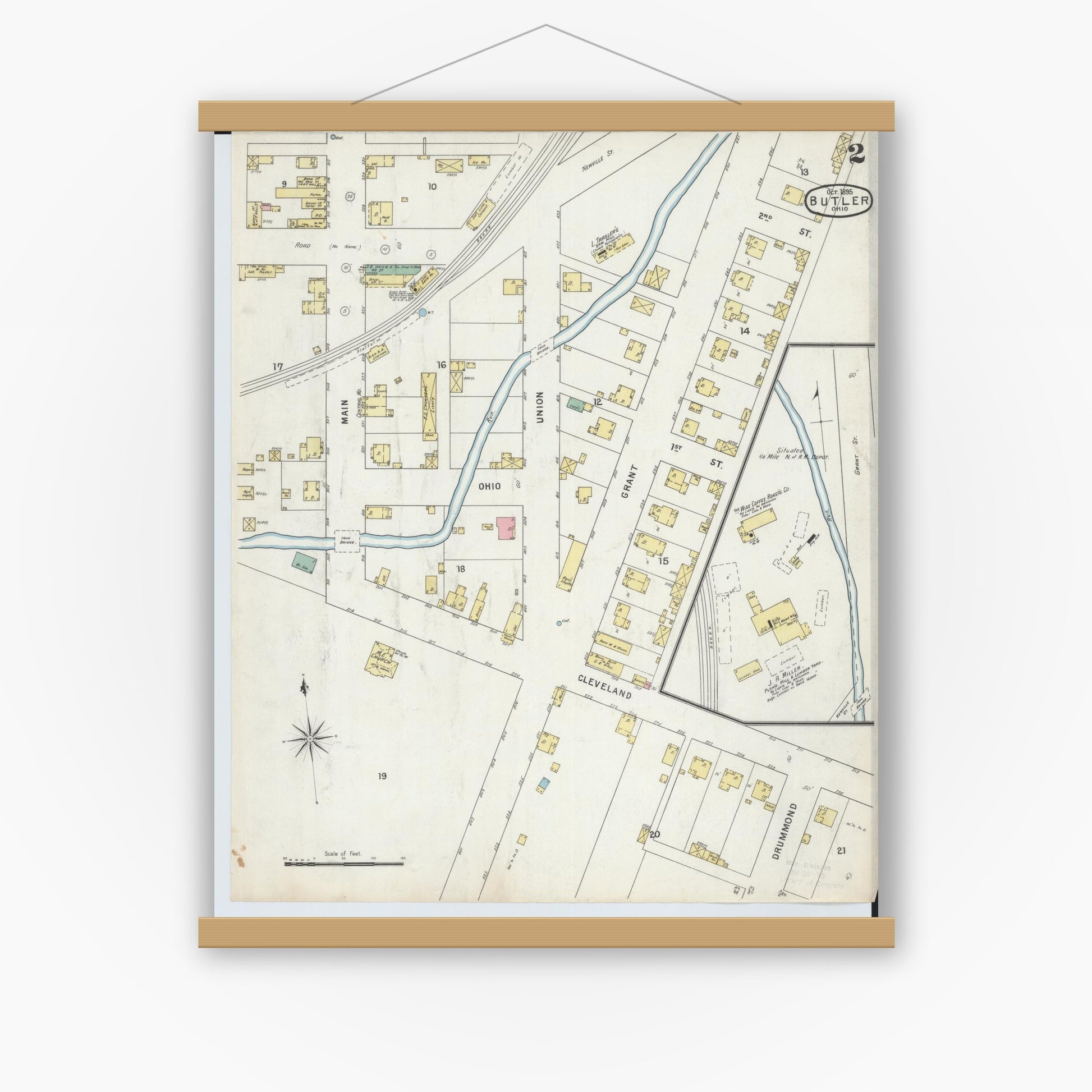 Old map wall art mockup — magnetic wood frame on white wall — Sanborn Fire Insurance Map from Butler, Richland County, Ohio (1885), Sheet #0002