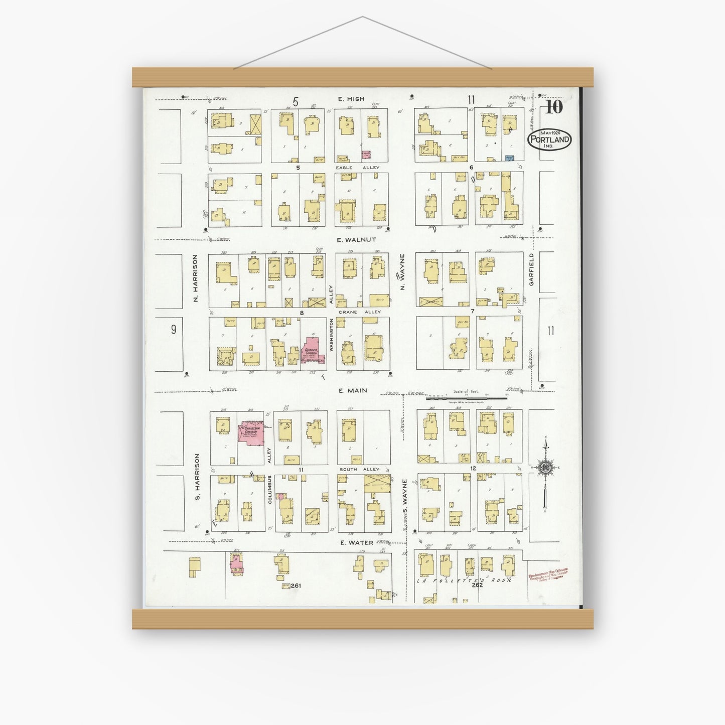 Old map wall art mockup — magnetic wood frame on white wall — Sanborn Fire Insurance Map from Portland, Jay County, Indiana (1920), Sheet #0010